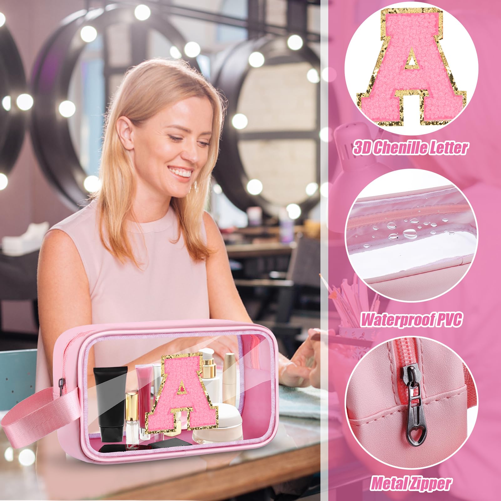 Personalized Monogrammed Makeup Bag Letter A - Cute Clear Cosmetic Travel Organizer for Women & Girls, Waterproof Toiletry Pouch for Beach, Gym, Travel & Daily Use - Pink Aesthetic Design