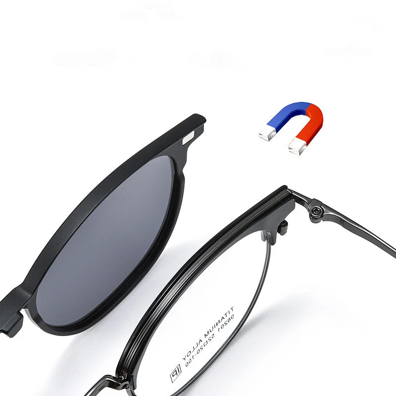 Bclear Unisex Full Rim Round Alloy Eyeglasses with Clip-On Polarized Sunglasses 9820 - Stylish UV Protection for Driving, Outdoor Activities & Everyday Wear