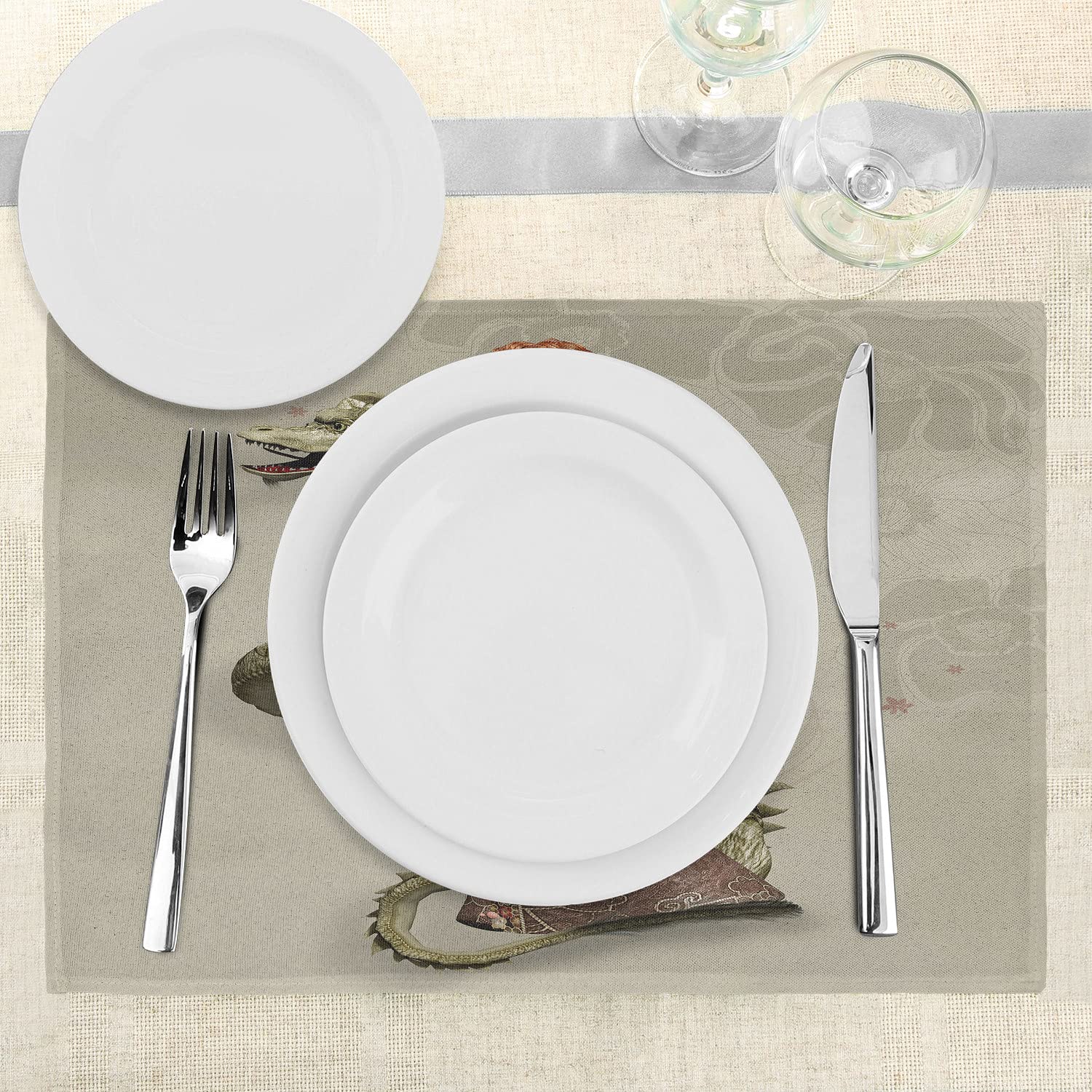 Ambesonne Fantasy Place Mats Set of 4 - Japanese Geisha with Dragon Design, Washable Fabric Table Mats for Dining Room & Kitchen Decor in Eggshell, Olive Green & Brown | Perfect for Asian-Themed Dinners & Home Decor