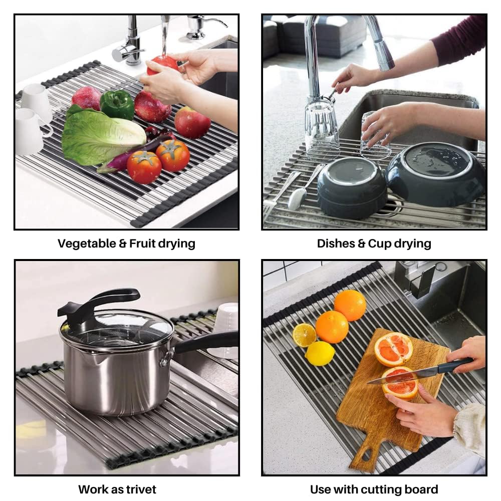 Foldable Stainless Steel Kitchen Sink Drain Rack - Space-Saving Dish Drying Rack, Utensil Holder & Vegetable Colander for Compact Kitchens, RVs & Small Spaces | Perfect for Washing, Draining & Organizing Dishes