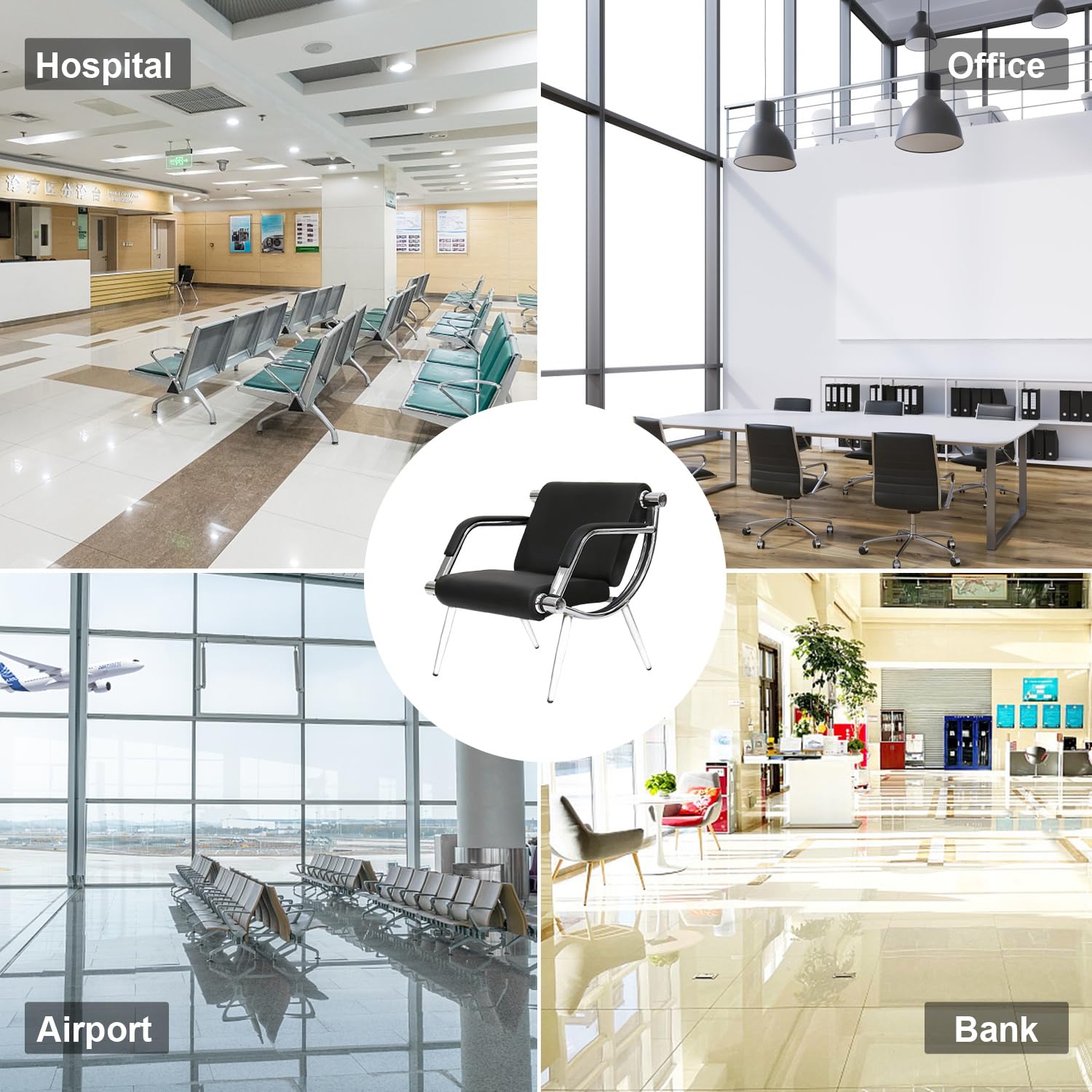 Kinsuite 2-Pack Black PU Leather Waiting Room Chairs with Arms - Office Guest Chairs, Reception Chairs for Salon, Barber Shop, Airport, Bank & Lobby - Comfortable Seating Solution for Waiting Areas