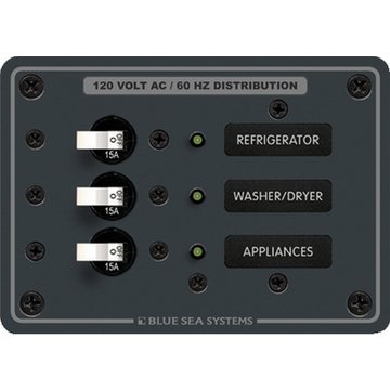 Blue Sea 8058 AC 3 Position Toggle Circuit Breaker Panel with White Switches - Marine & RV Electrical System Protection for Boats, Campers, and Off-Grid Power Applications
