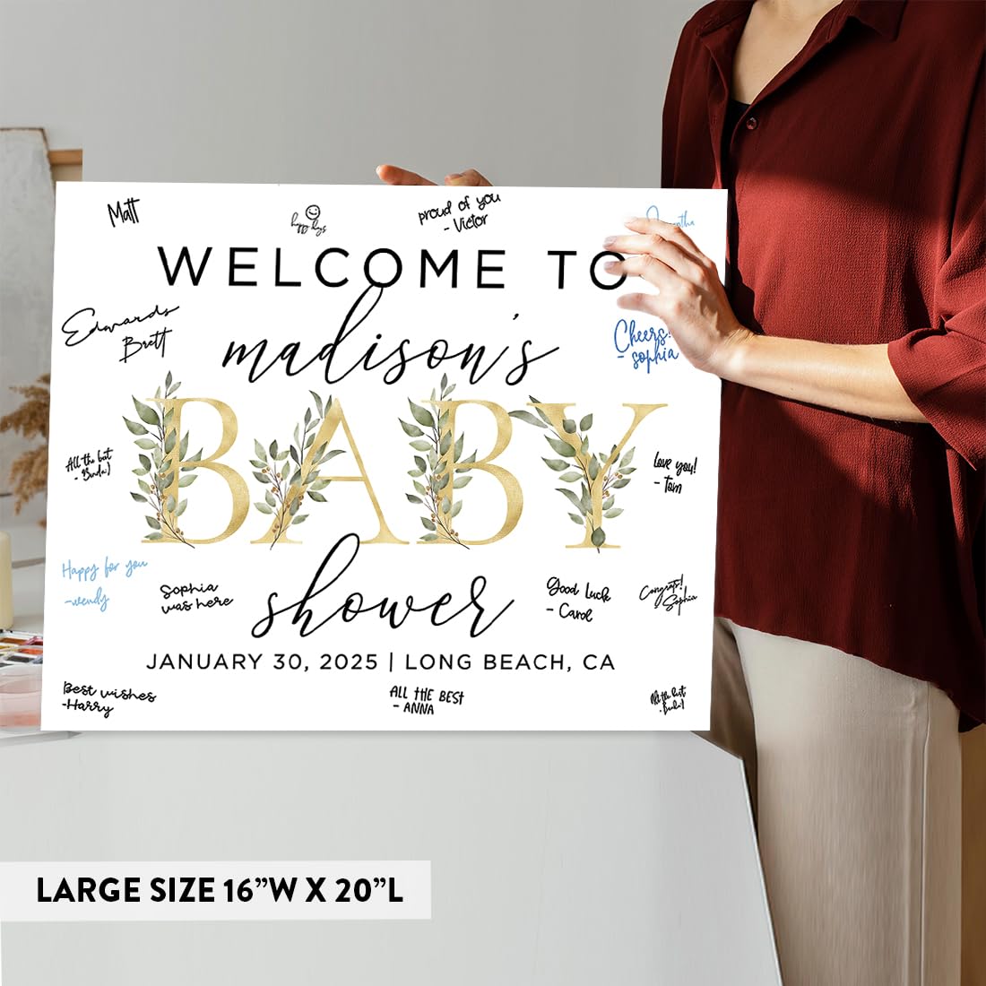 Personalized Large Canvas Baby Shower Welcome Sign - 16x20 Inches Gold Greenery Design - Custom Guest Book Alternative for Baby Showers & Baby Sprinkles - Perfect for Nursery Decor, Gender Reveals & Newborn Celebrations