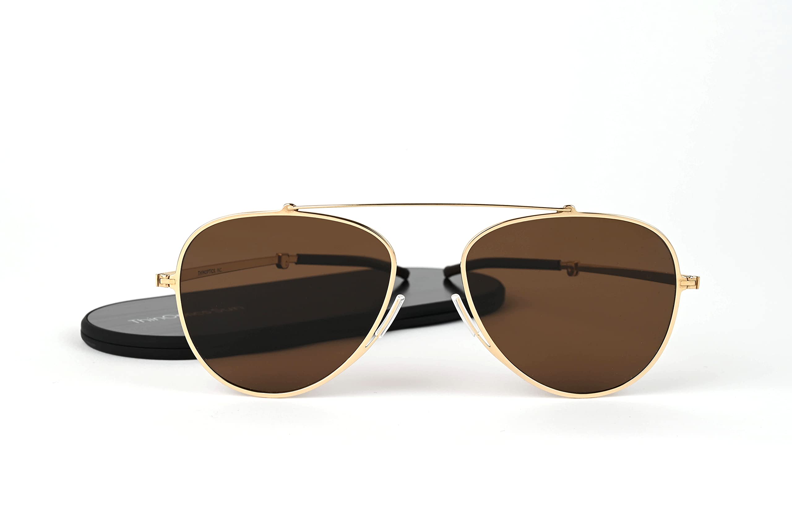 ThinOptics Milano Aluminum Case & Aviator Sunglasses - Gold Frame with Brown Lens (54mm) | Premium UV Protection for Driving, Travel & Outdoor Activities