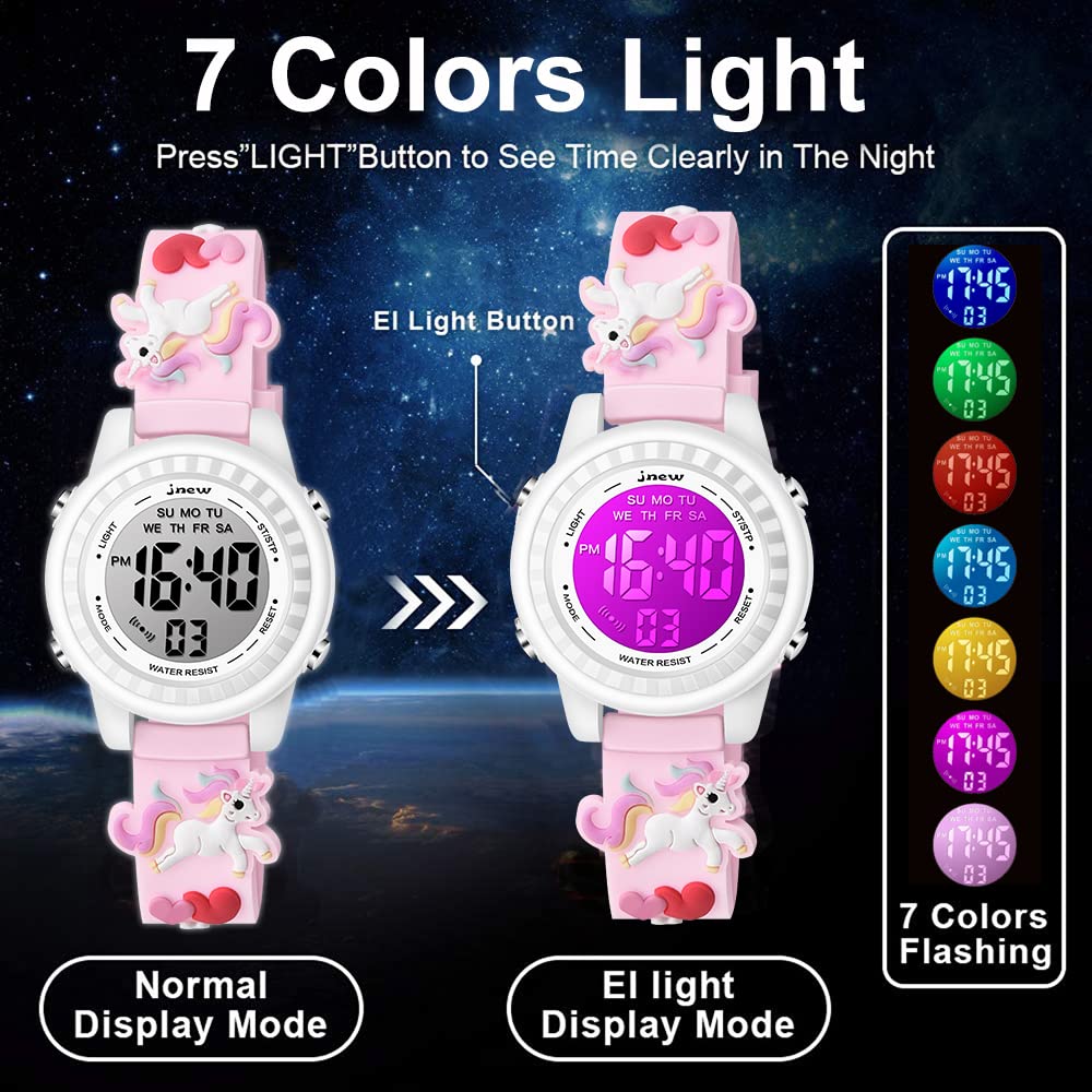 Venhoo Kids Digital Watch - 3D Cartoon Waterproof Wristwatch with 7 Color LED Lights, Alarm & Stopwatch for Girls Ages 3-10 | Perfect for School, Playtime & Outdoor Activities