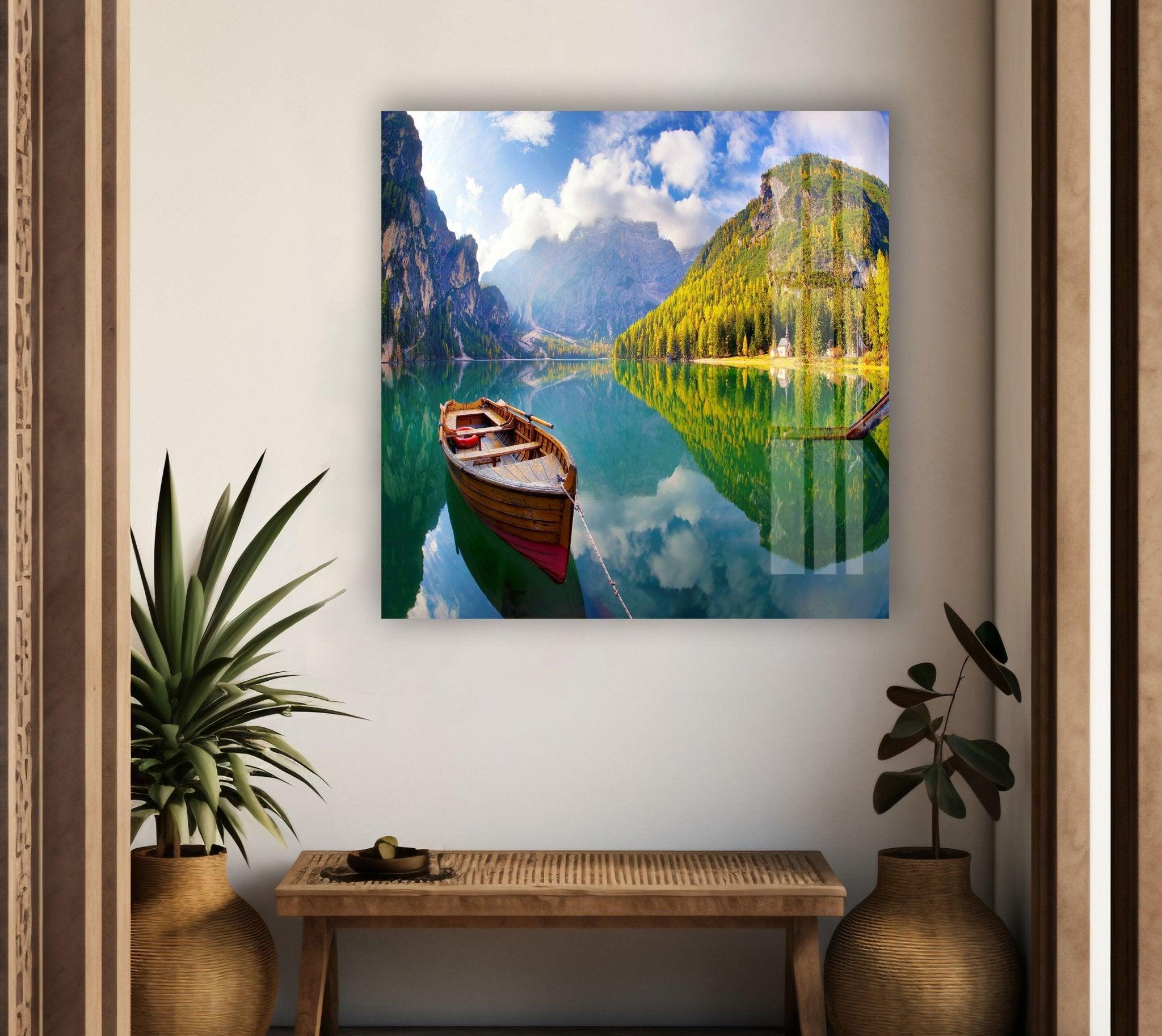 Autumn Boat on Lake Glass Wall Art - Handmade Landscape Painting for Home & Office Decor - Perfect for Living Room, Bedroom, or Office Wall Decor