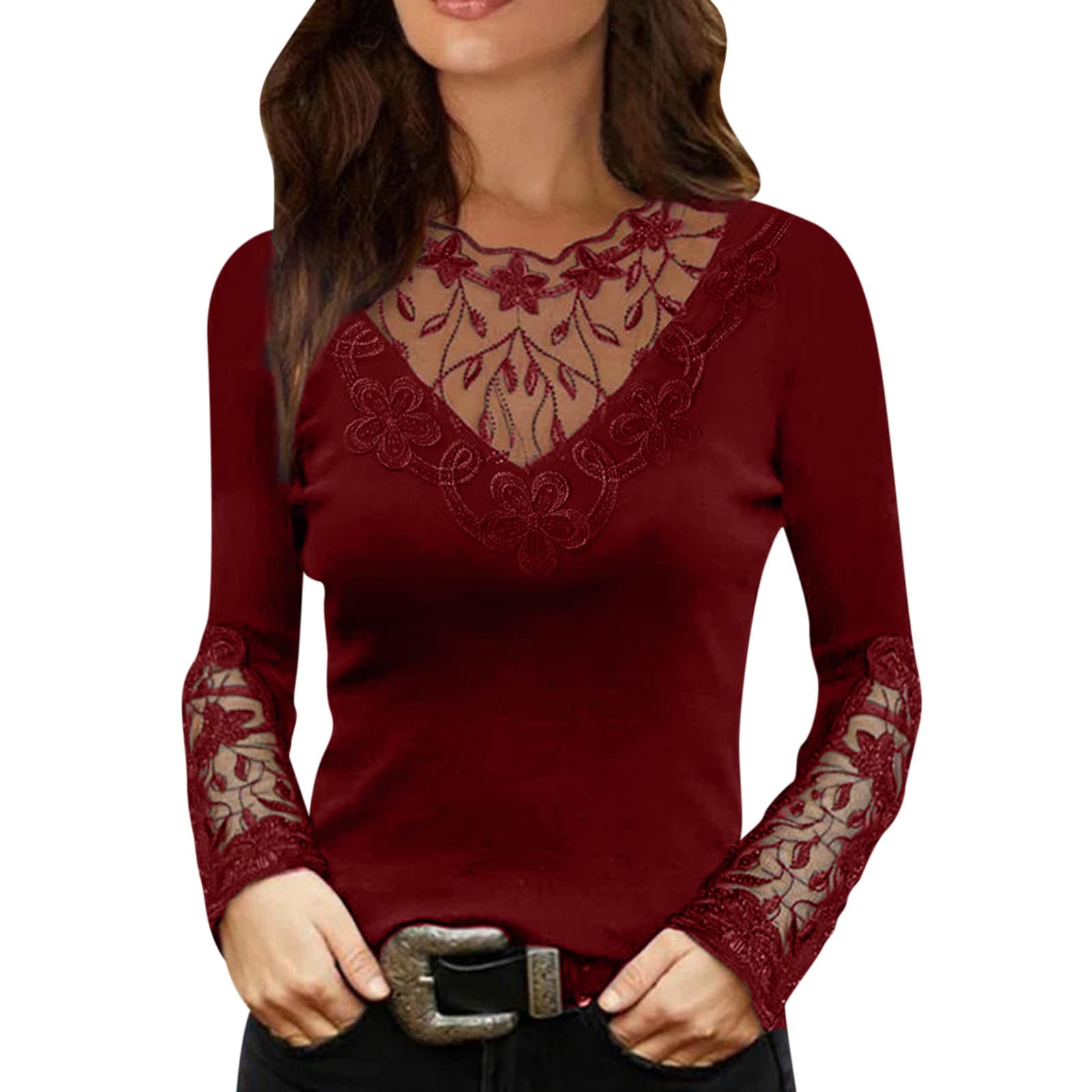 Women's Long Sleeve V-Neck Rhinestone Blouse - Solid Color Casual Pullover Tunic Top for Work, Date Night & Party Outfits