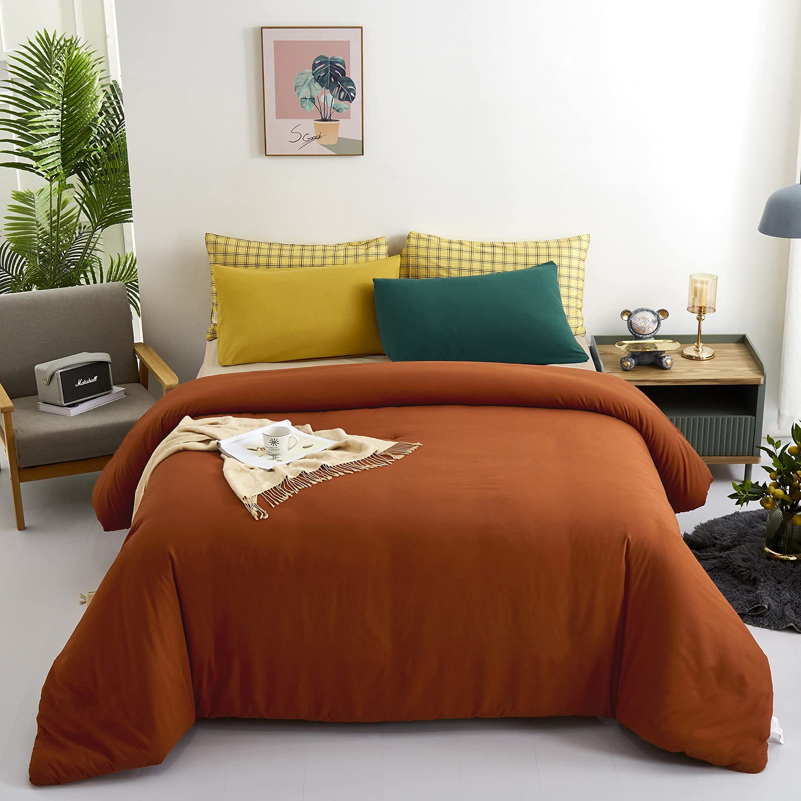 Burnt Orange Comforter Set Queen - 3 Piece Rust Bedding Set with Cozy Blanket for Full/Queen Bed - Solid Caramel & Reddish Brown Comforter for Women & Men - Perfect for Fall & Winter Bedroom Decor