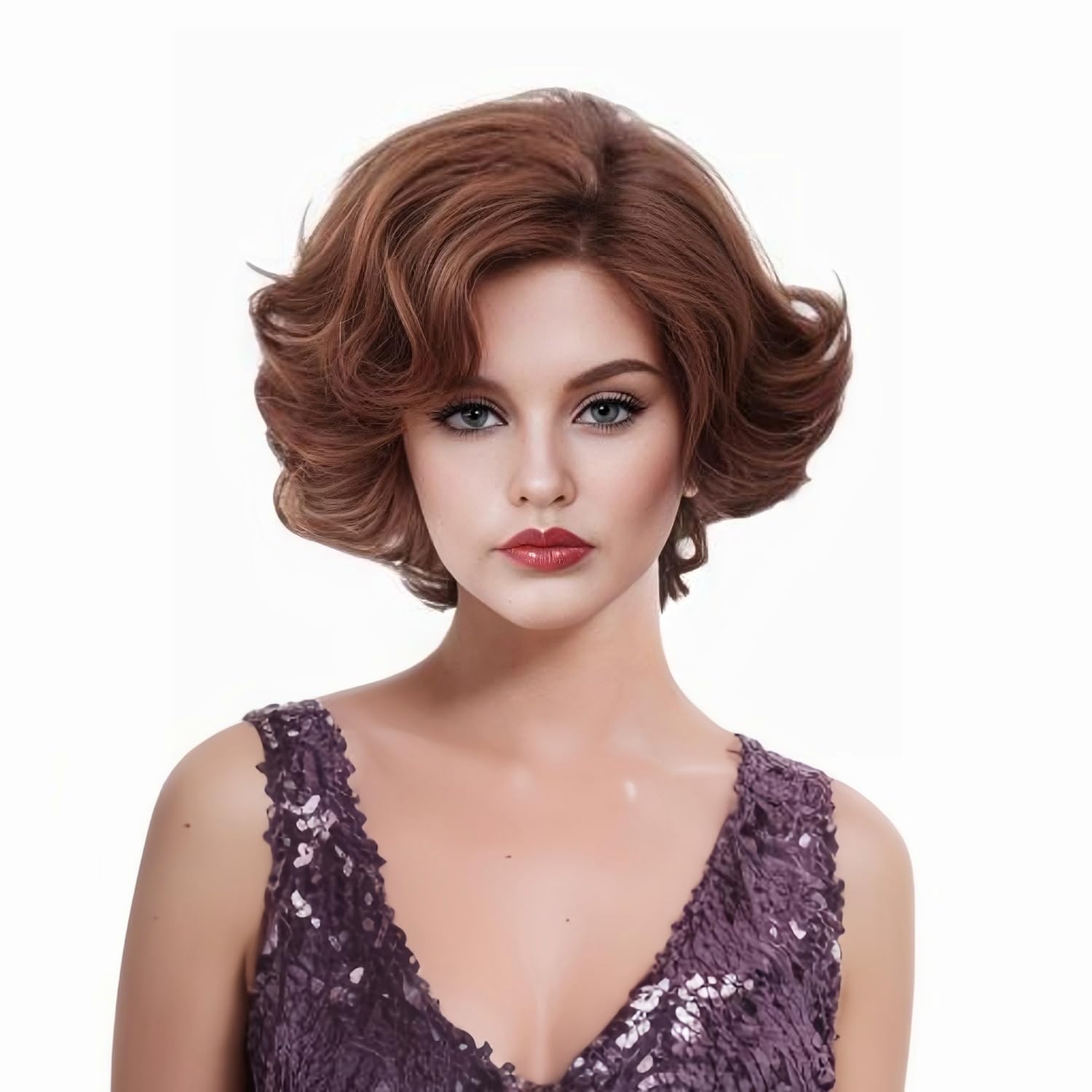 Rugelyss Ginger Short Wavy Synthetic Wig with Bangs - Auburn Curly Hair Wig for Women | Perfect for Cosplay, Halloween Costumes & Everyday Fashion