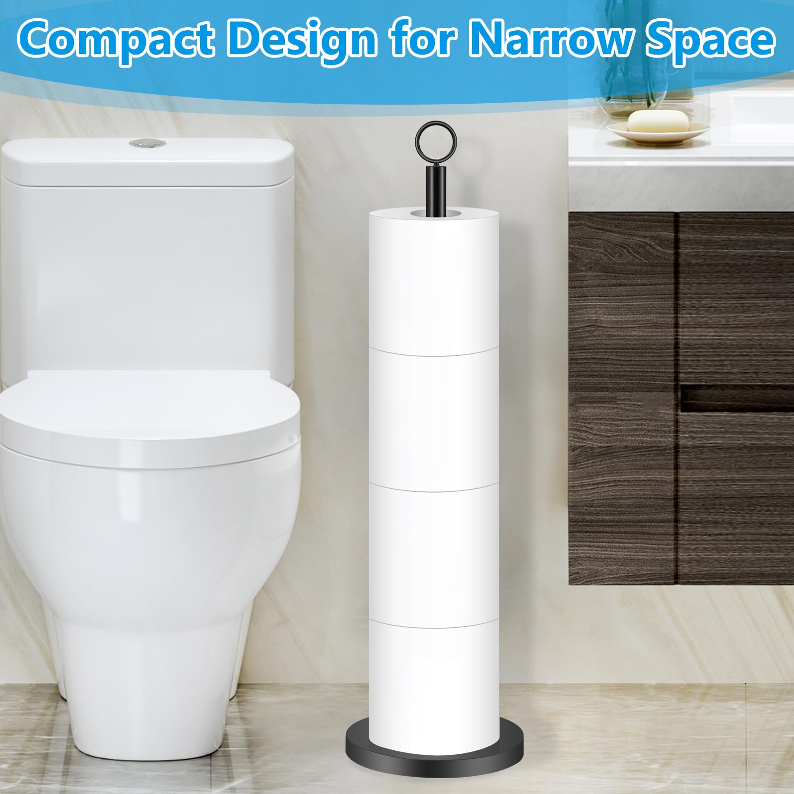 DECLUTTR Free Standing Toilet Paper Holder Stand - Holds 4 Spare Rolls, Black Bathroom Tissue Dispenser for Home, Office & RV Use