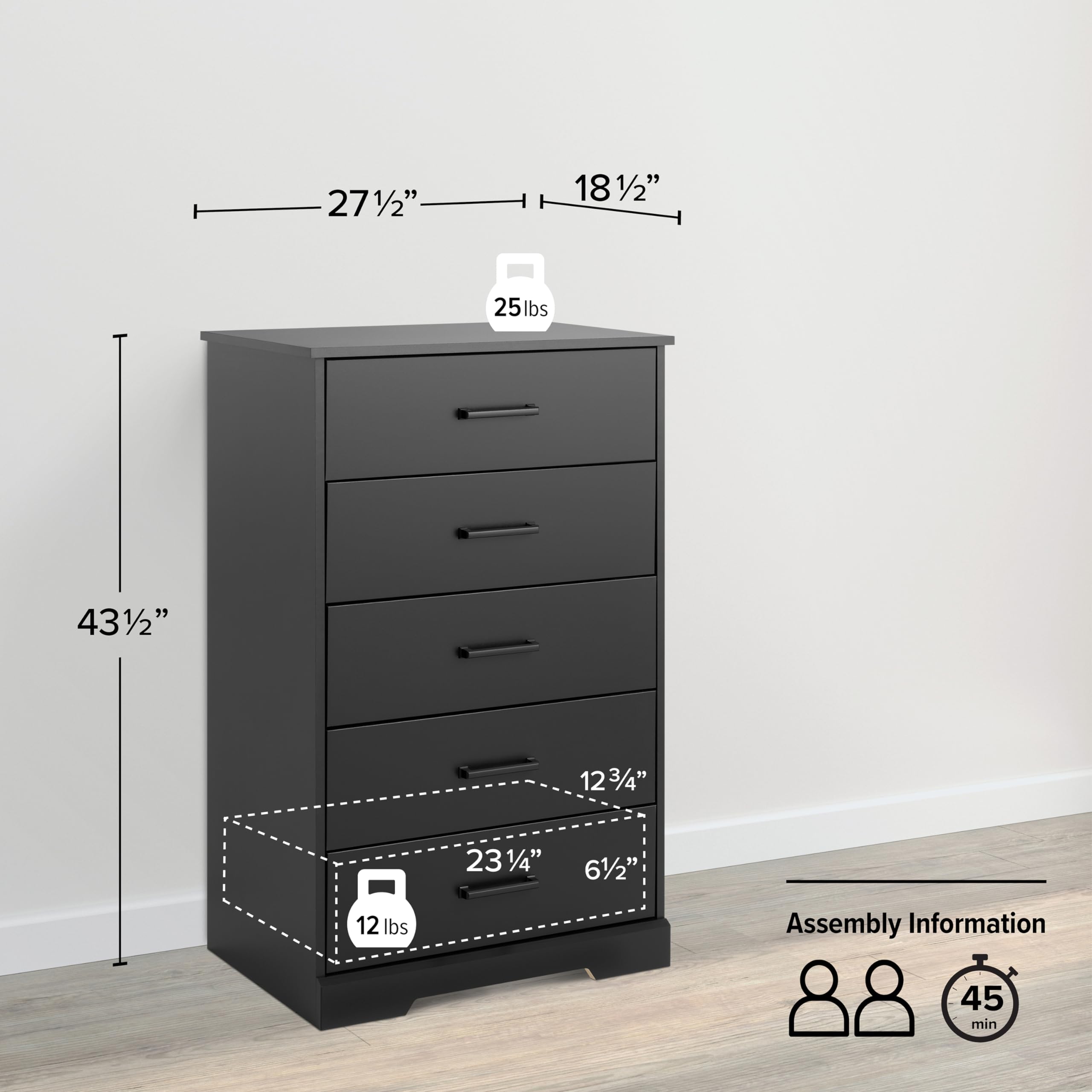 Rustic Farmhouse Dresser for Bedroom - 5-Drawer Chest of Drawers in Black, 18.5