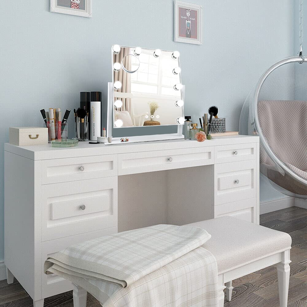 Depuley 18 x 17 Inch Lighted Makeup Mirror with 12 Dimmable LED Bulbs - 3 Color Lighting, 10X Magnification, 360° Swivel & Touch Control (47 x 44 cm) - Perfect for Vanity, Dressing Room & Professional Makeup Application