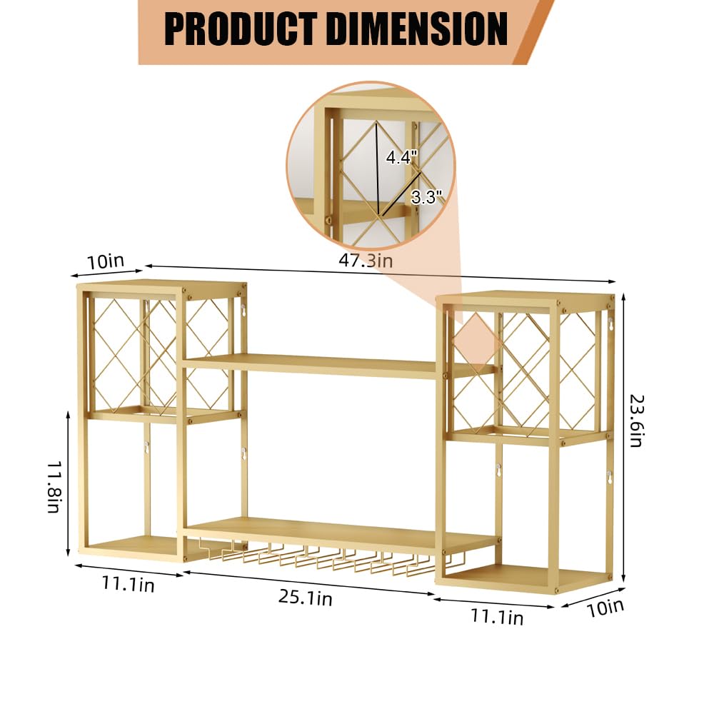2-Tier Metal Wall Mounted Wine Rack with Glass Holder - Floating Bar Shelves for Liquor Bottle Display - Gold Home Bar & Kitchen Decor for Dining Room | Perfect for Small Spaces & Entertaining Guests