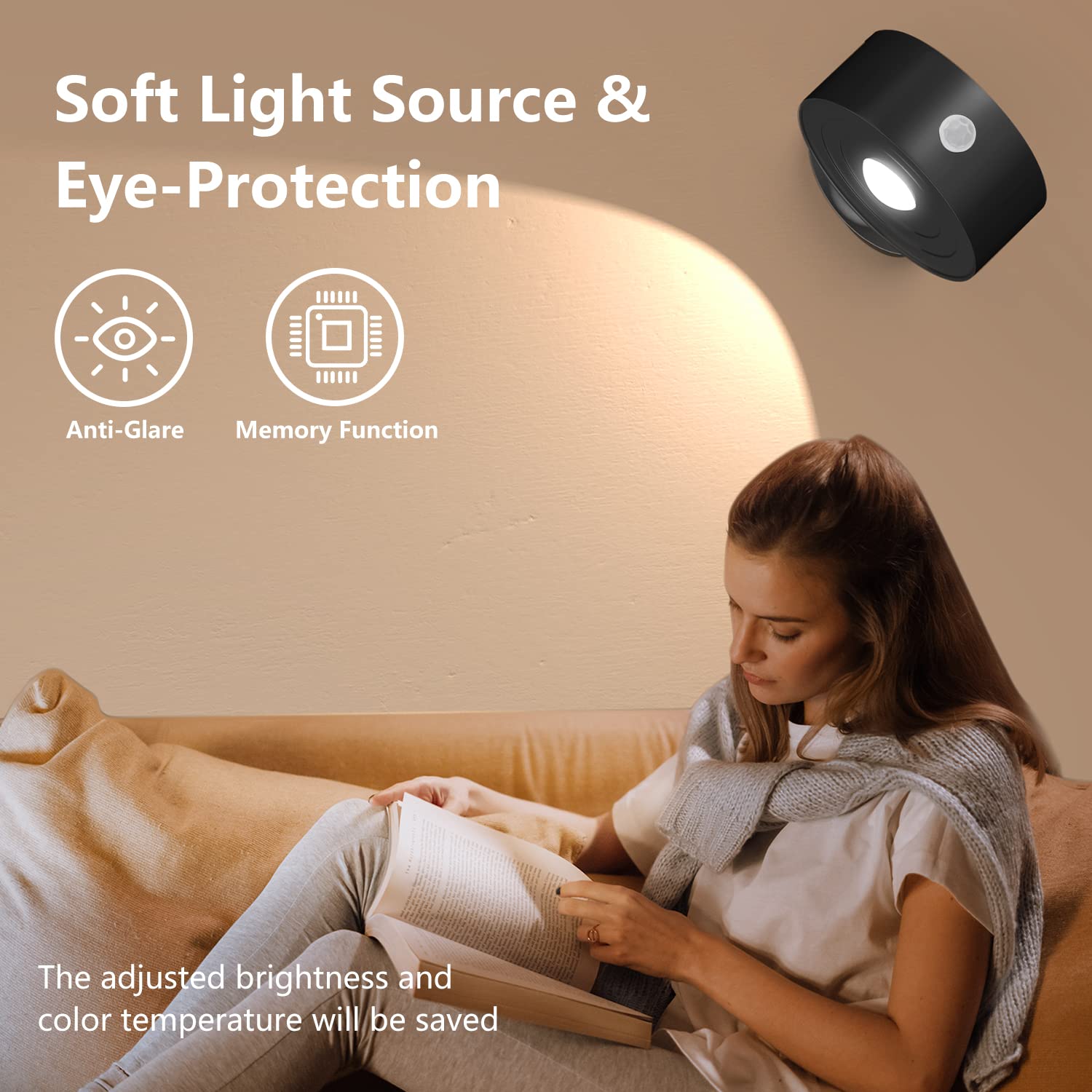 Rechargeable Magnetic LED Wall Light with Motion Sensor, 360° Rotatable, 3 Color Temperatures & Stepless Dimming - Perfect for Bedroom Reading, Hallway Lighting, Picture Display & Makeup Mirror Illumination