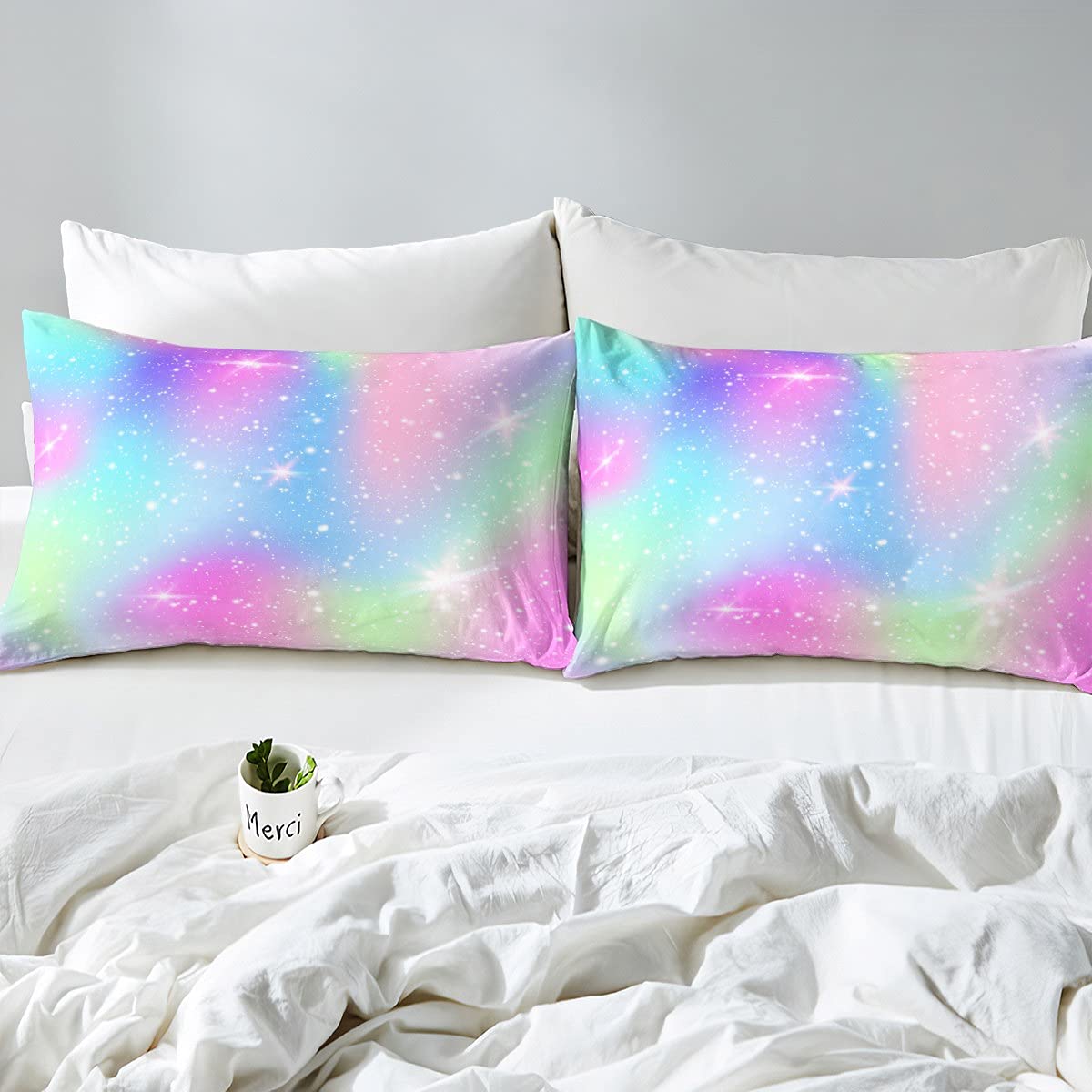 Erosebridal Galaxy Queen Size Fitted Sheet Set - Rainbow Ombre Gradient Tie Dye Bed Sheets with Starlight Glitter for Girls, Teens & Women | 4PC Space Star Pastel Bedding for Cozy Bedroom Decor & Teen Room Aesthetic