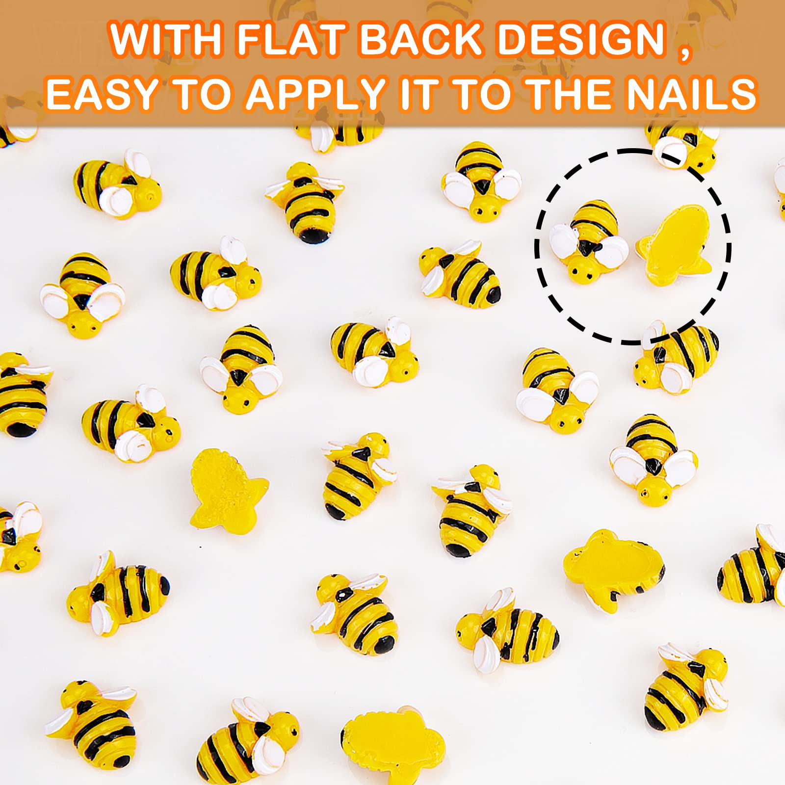 Juome 60Pcs 3D Bee Nail Charms - Cute Resin Nail Art Decorations for DIY Manicure, Nail Salon Supplies & Party Nail Designs (Bee-Shaped Kawaii Nail Accessories) - Perfect for Spring Nail Art, Summer Manicures & Girls' Party Nail Decor
