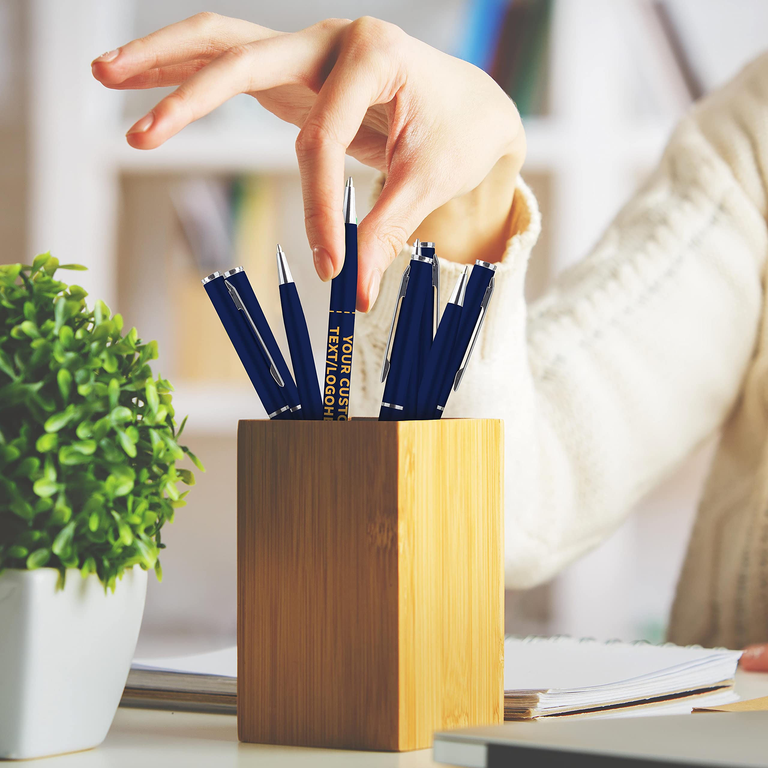 100 Pack Customizable Skinny Ballpoint Metal Pens - Personalized Text & Logo - Sleek Twist-Off Design with Black Ink (Blue Barrel) - Perfect for Office, School, Business Gifts & Promotional Events