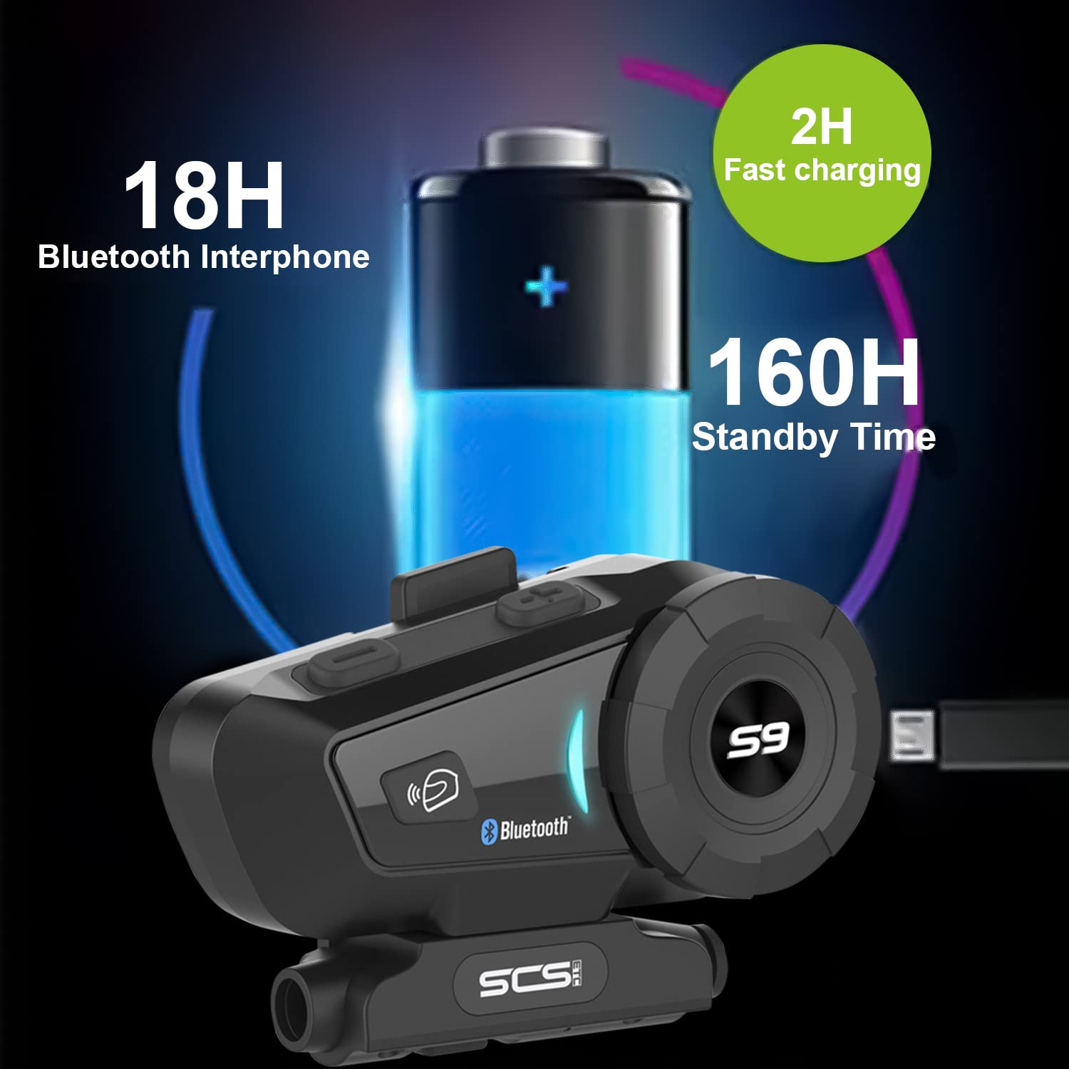 S-9 Motorcycle Helmet Bluetooth Headset - 2000m Range, 6-Way Intercom with CVC Noise Cancellation, IP65 Waterproof, Hands-Free & GPS Support (2 Pack) - Perfect for Group Rides, Commuting & Adventure Touring