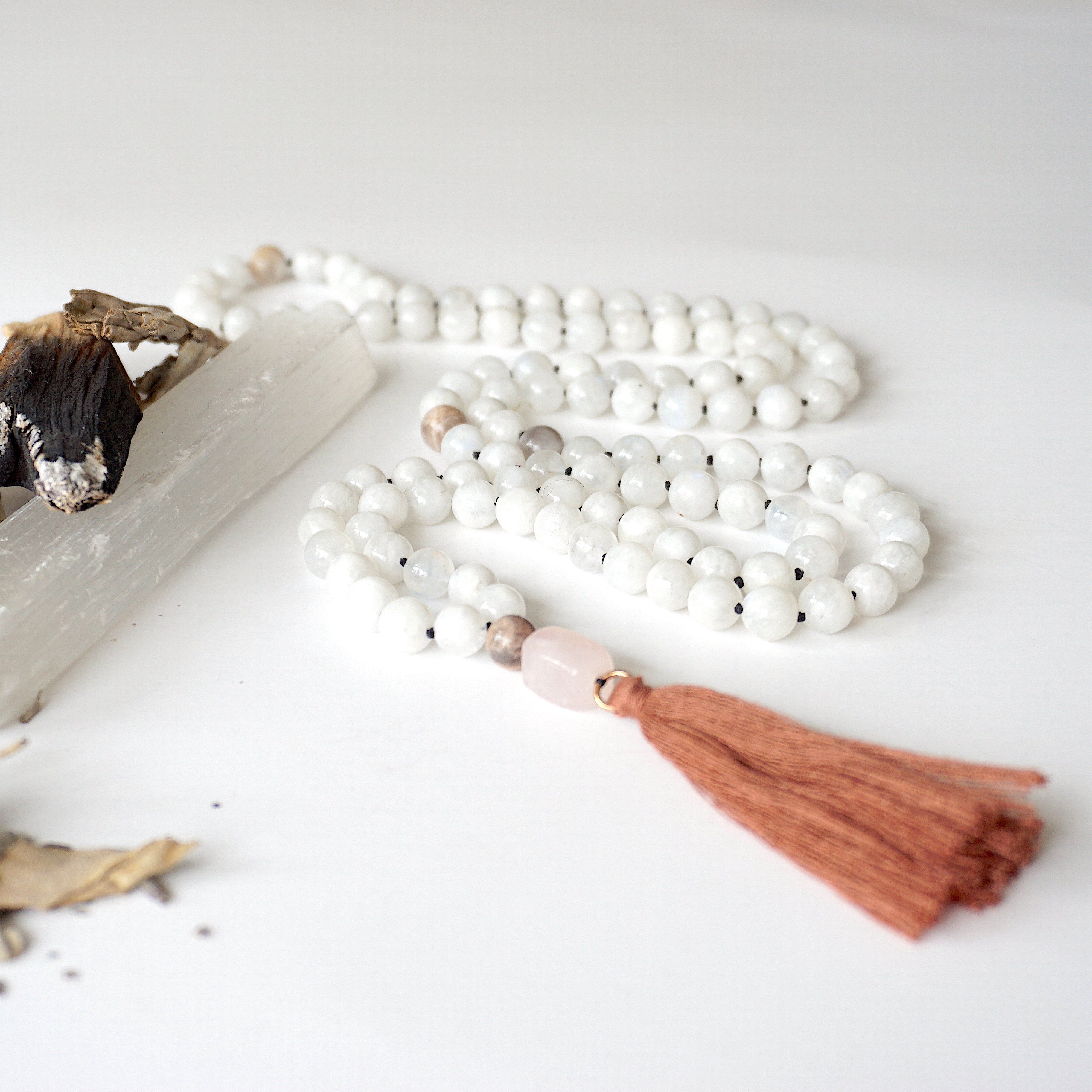 Moonstone and Rose Quartz Mala Necklace - Healing Crystal Beads for Meditation, Yoga & Spiritual Balance | Perfect for Mindfulness Practice & Stress Relief