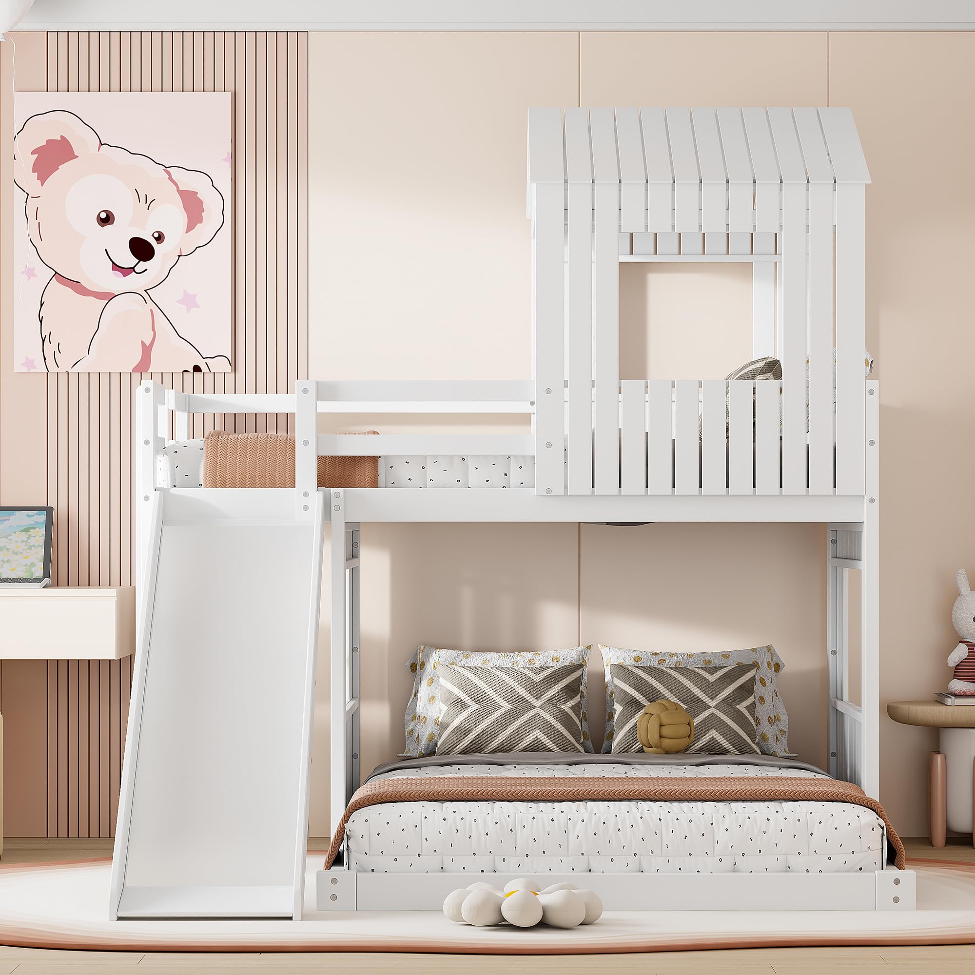MERITLINE Twin Over Full Bunk Bed with Slide & Playhouse Design - Wooden Kids Bunk Bed with Roof, Windows & Ladder - Safe & Fun Bunk Beds for Boys & Girls in White | Perfect for Kids' Bedrooms, Playrooms & Sleepovers