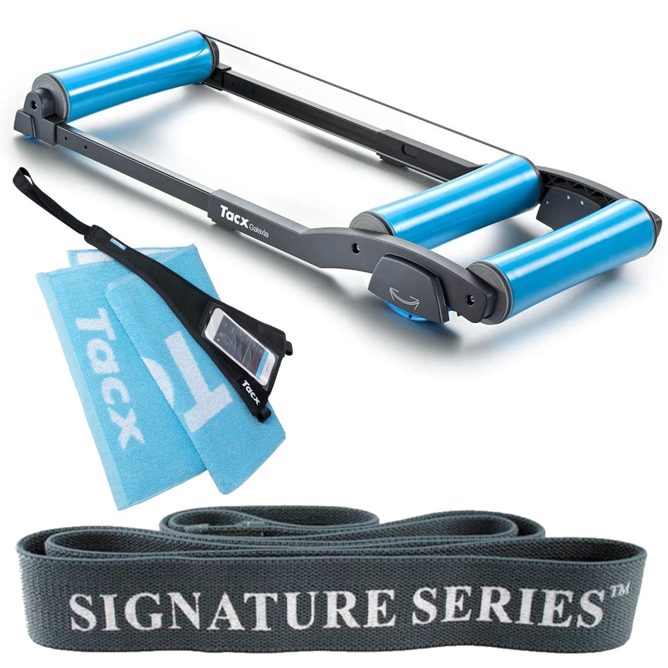 Garmin TacX Galaxia Indoor Bike Rollers - Retractable Design with Sweat Set & Signature Series Resistance Band for Cycling Training, Home Gym, and Fitness Workouts