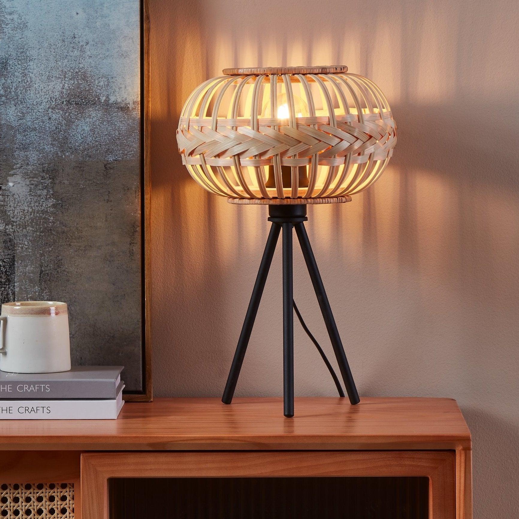 Eglo Amsfield 1 Bamboo Wicker Tripod Table Lamp - Natural Wood Finish, 60W E26 Base, Adjustable Height - Perfect for Bedroom, Living Room & Office Lighting Decor