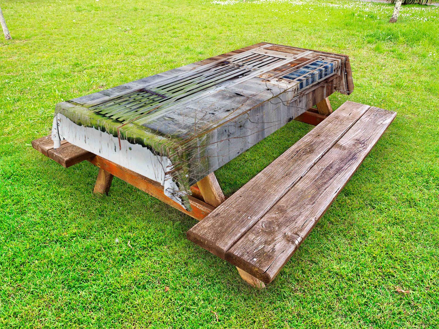 Ambesonne Vintage Farmhouse Tablecloth – Washable 58x104 Inch Picnic Table Cover, Retro Wooden Door & Window Design in Brown Green Grey – Perfect for Outdoor Dining, Rustic Decor & Country-Themed Parties