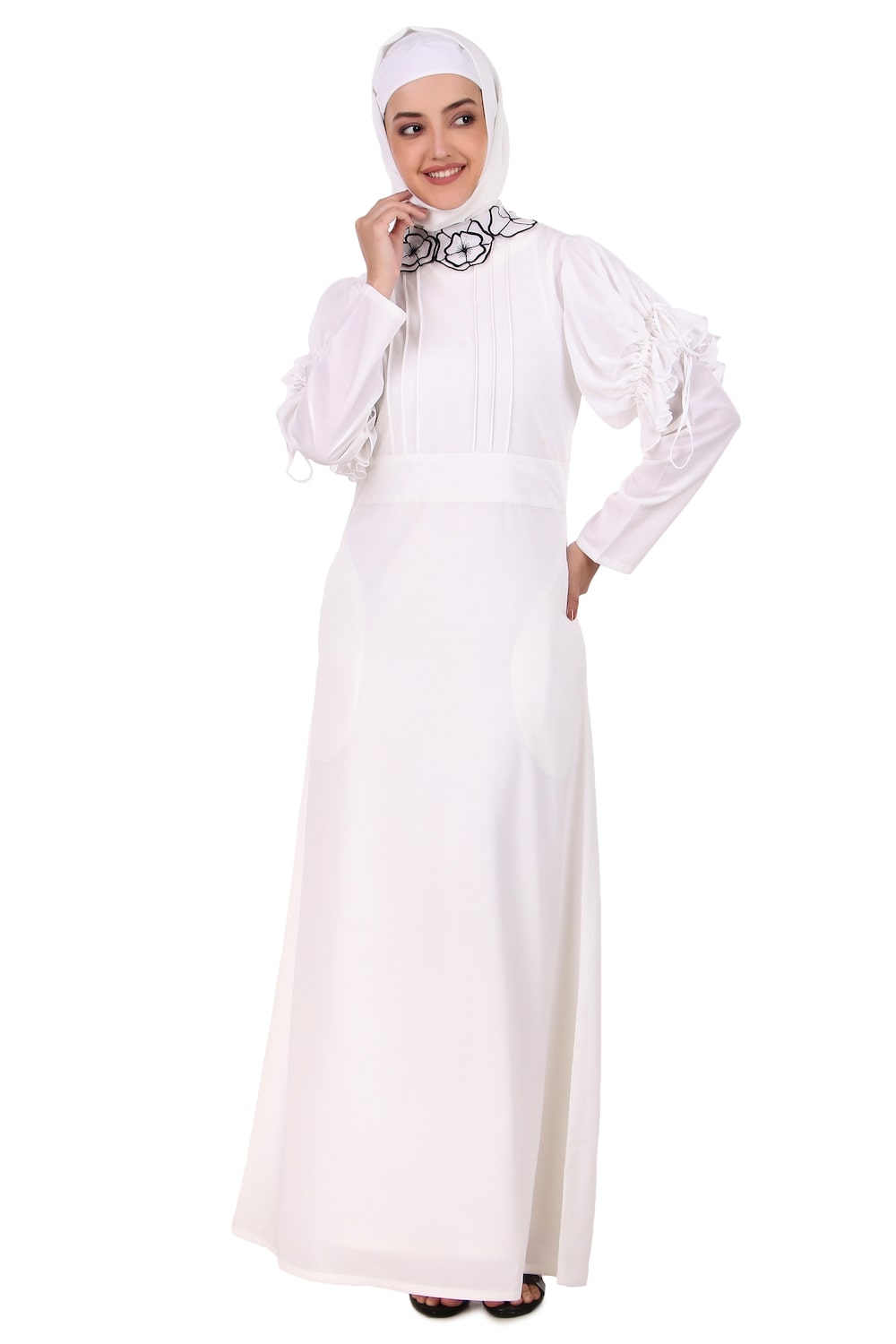 Elegant White Embroidered Floral Neck Abaya Dress for Women - Perfect for Prayer, Eid, and Special Occasions