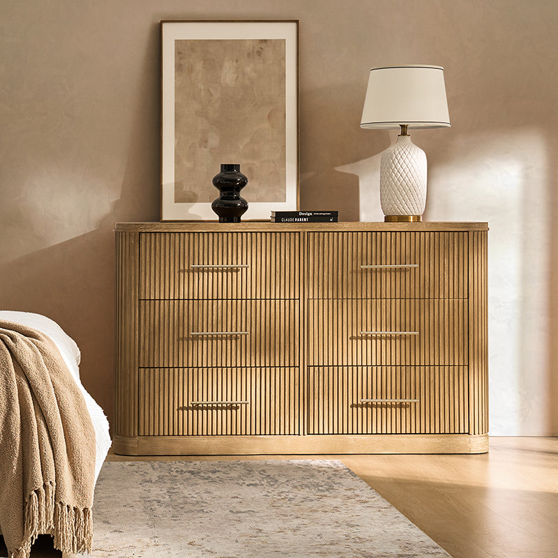 Modern Fluted Solid Wood Dresser with 6 Drawers - Oak Texture Bedroom Furniture for Master Bedroom, Guest Room & Nursery Storage