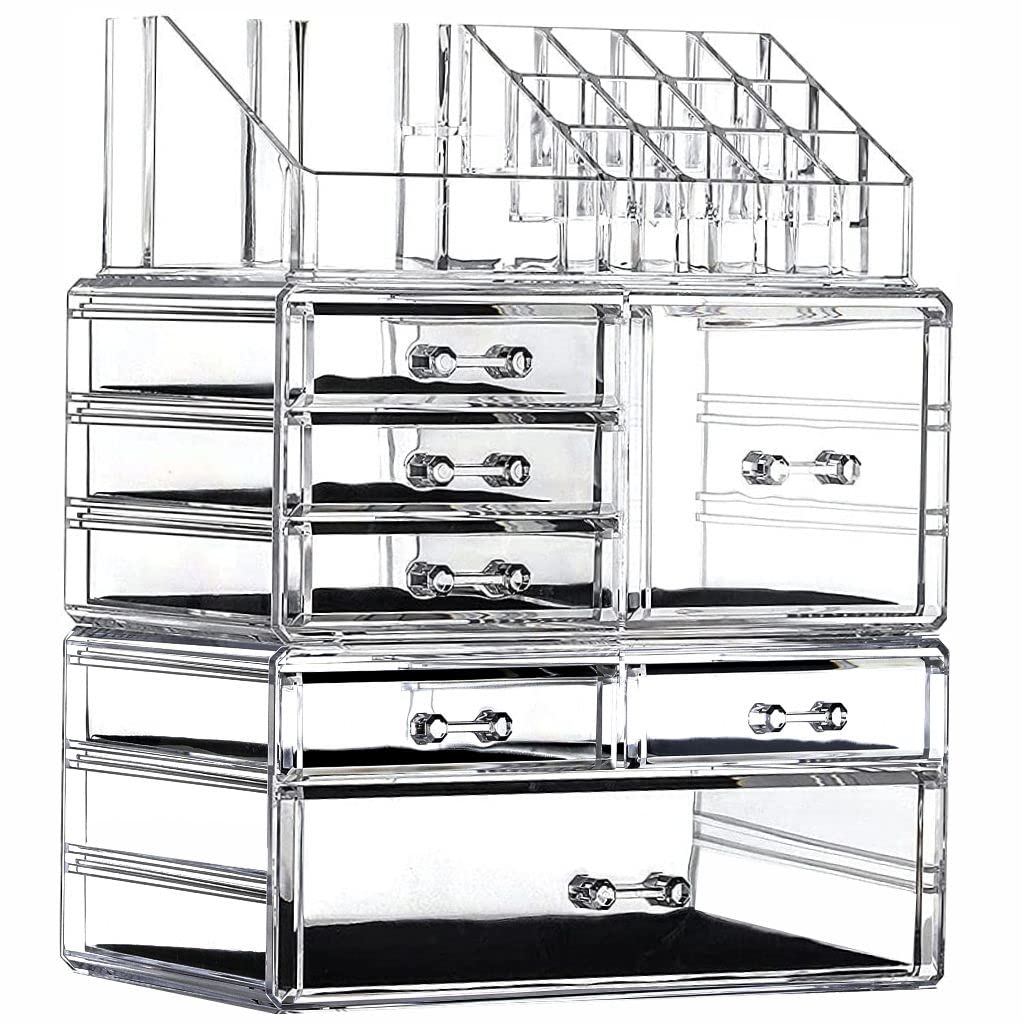 3-Pack Clear Acrylic Makeup Organizer with 7 Stackable Drawers - Skincare, Jewelry & Hair Accessories Storage for Vanity, Bathroom & Bedroom - Perfect Beauty Desk Organizer for Cosmetics & Small Items