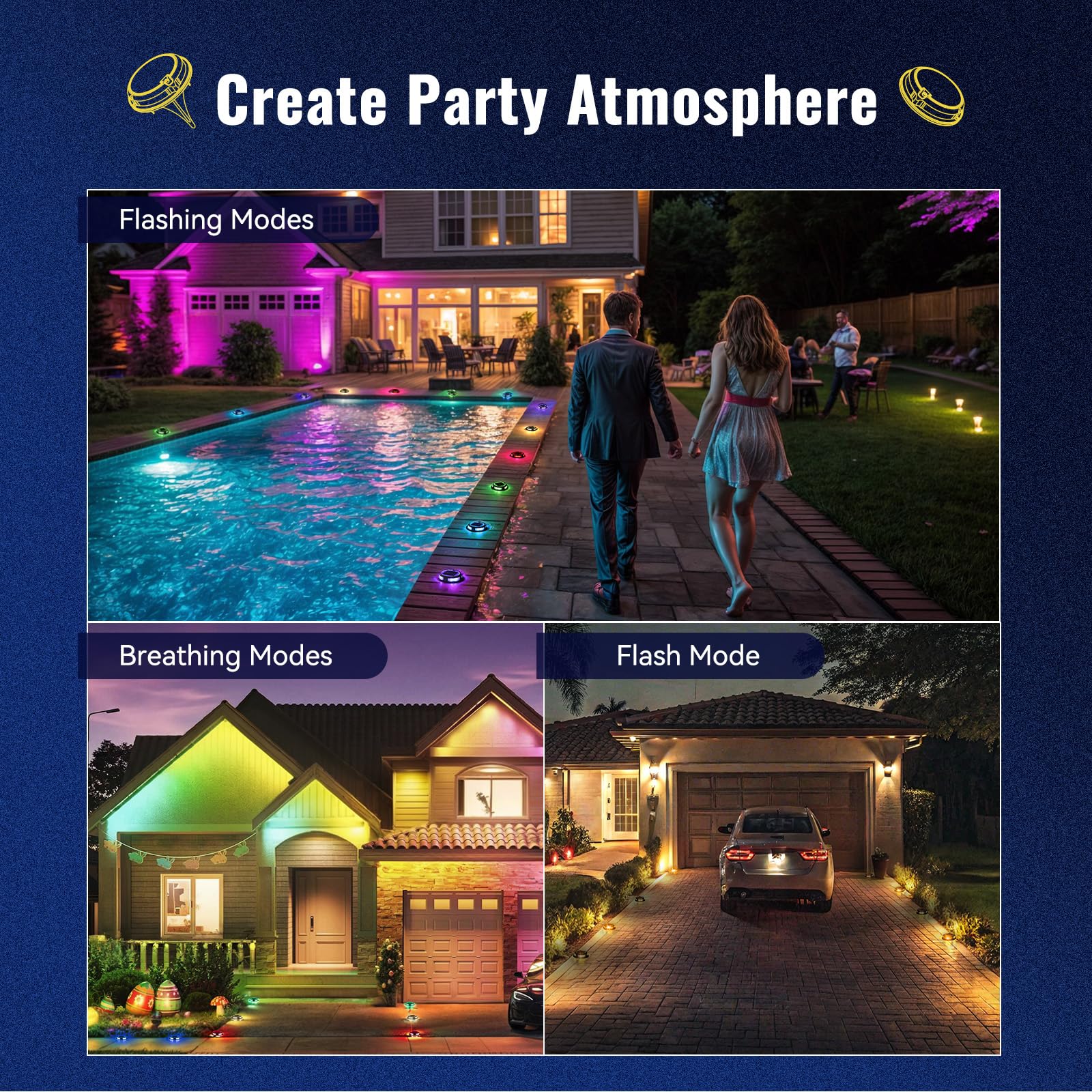 12 Pack Solar Driveway Lights Outdoor - Waterproof IP68 RGB Solar Deck Lights with 3 Dynamic Modes for Driveway, Stairs, Boat Dock, Garden & Walkway Lighting | Perfect for Night Safety & Landscape Decoration