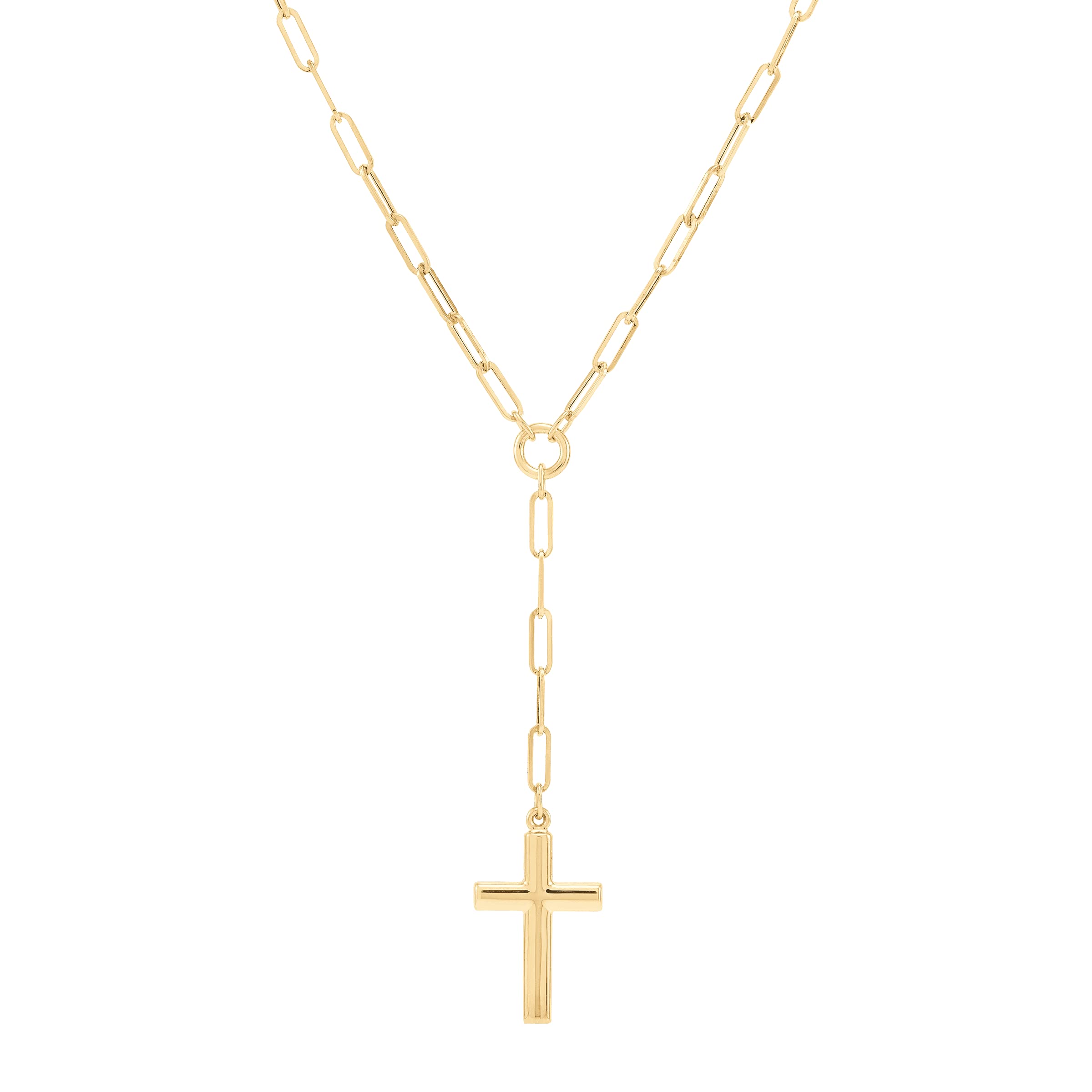 14K Yellow Gold Paperclip Lariat Pendant Necklace with Cross Charm - 18 Inch Chain - Elegant Layered Jewelry for Women, Perfect for Everyday Wear, Office & Special Occasions