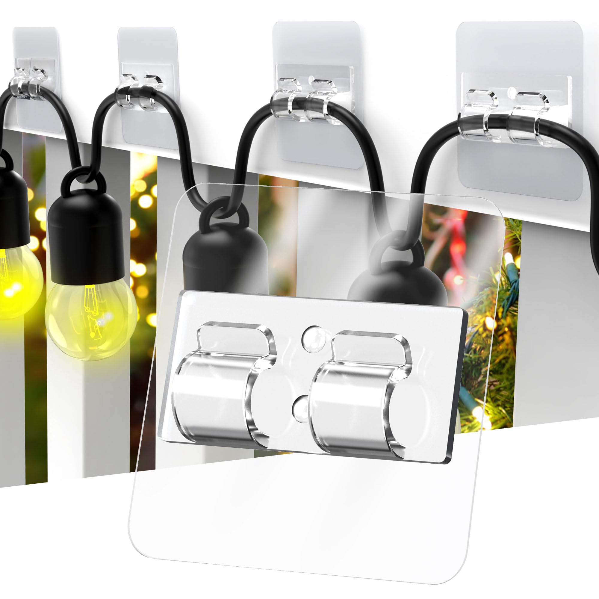 HomeMount Outdoor String Light Hooks - 24Pcs Heavy Duty Adhesive Wall Hangers for Patio, Fence, House Decor, Christmas & Halloween Lights (2.15x2.15 inch Sticky Area) - Perfect for Backyard Parties, Garden Lighting & Holiday Decorations
