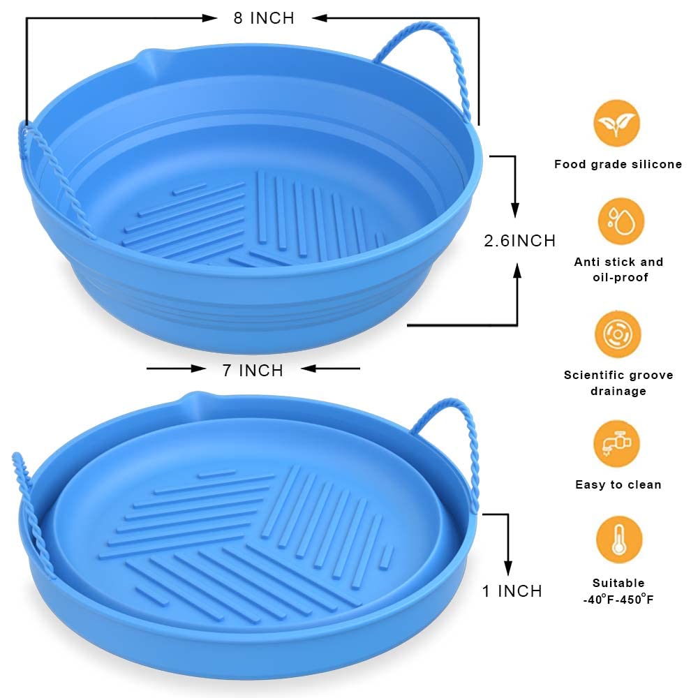 SOOBRO Reusable 8-Inch Silicone Air Fryer Liners (2-Pack) - Non-Stick Baking Tray for Air Fryer, Oven & Microwave - Heat Resistant, Foldable & Easy Clean Accessories - Perfect for Roasting, Baking & Meal Prep