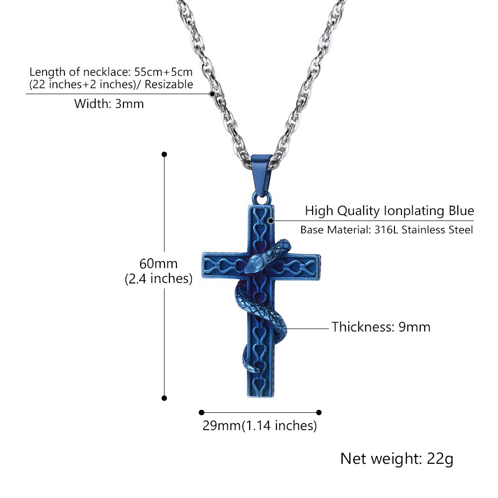 PROSTEEL Snake Cross Necklace - 316L Stainless Steel Pendant & Chain for Men & Women - Adjustable 22