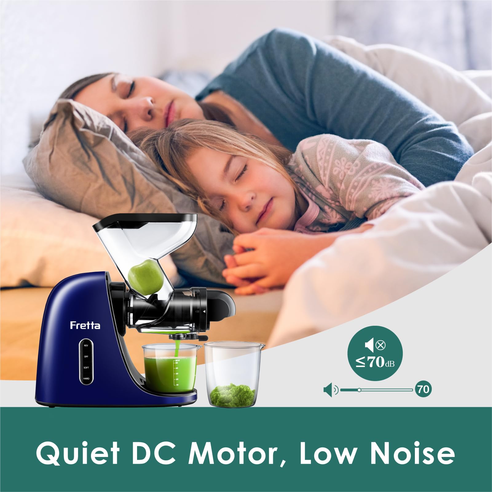 Premium Slow Juicer Machine - Fretta Cold Press Masticating Juicer with 2-Speed Modes, Reverse Function & Ultra-Quiet DC Motor | BPA-Free, Easy to Clean, 200W (Blue) | Perfect for Healthy Juicing at Home, Gym, or Office