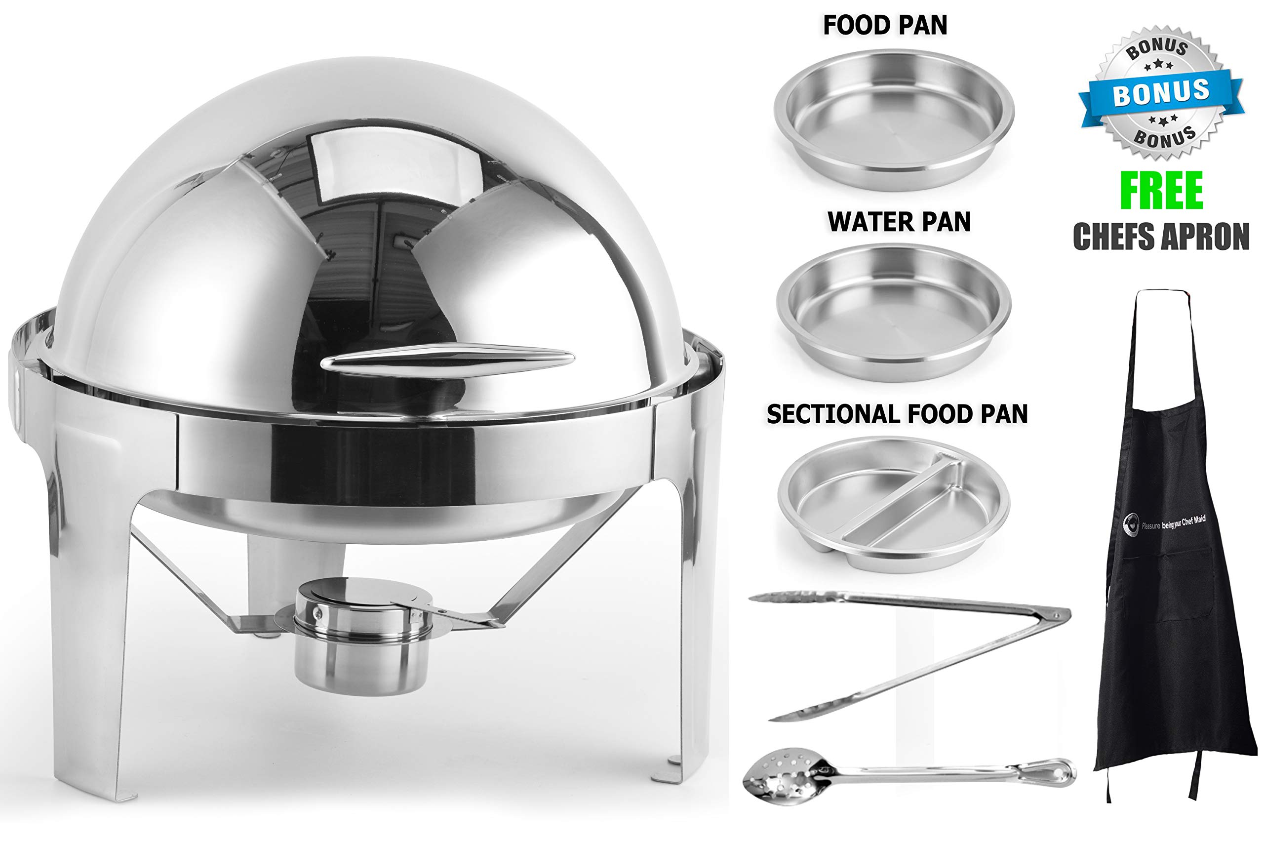 6 Quart Stainless Steel Round Roll Top Chafing Dish with Apron - Buffet Warmer for Catering, Parties, Weddings & Events - Keep Food Warm for Hours