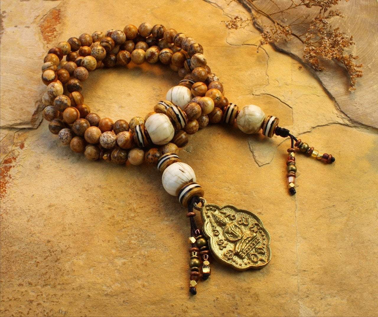Grounding Energy Mala Beads with Natural Picture Jasper Stone - Meditation, Yoga & Spiritual Healing Jewelry for Stress Relief & Chakra Balancing