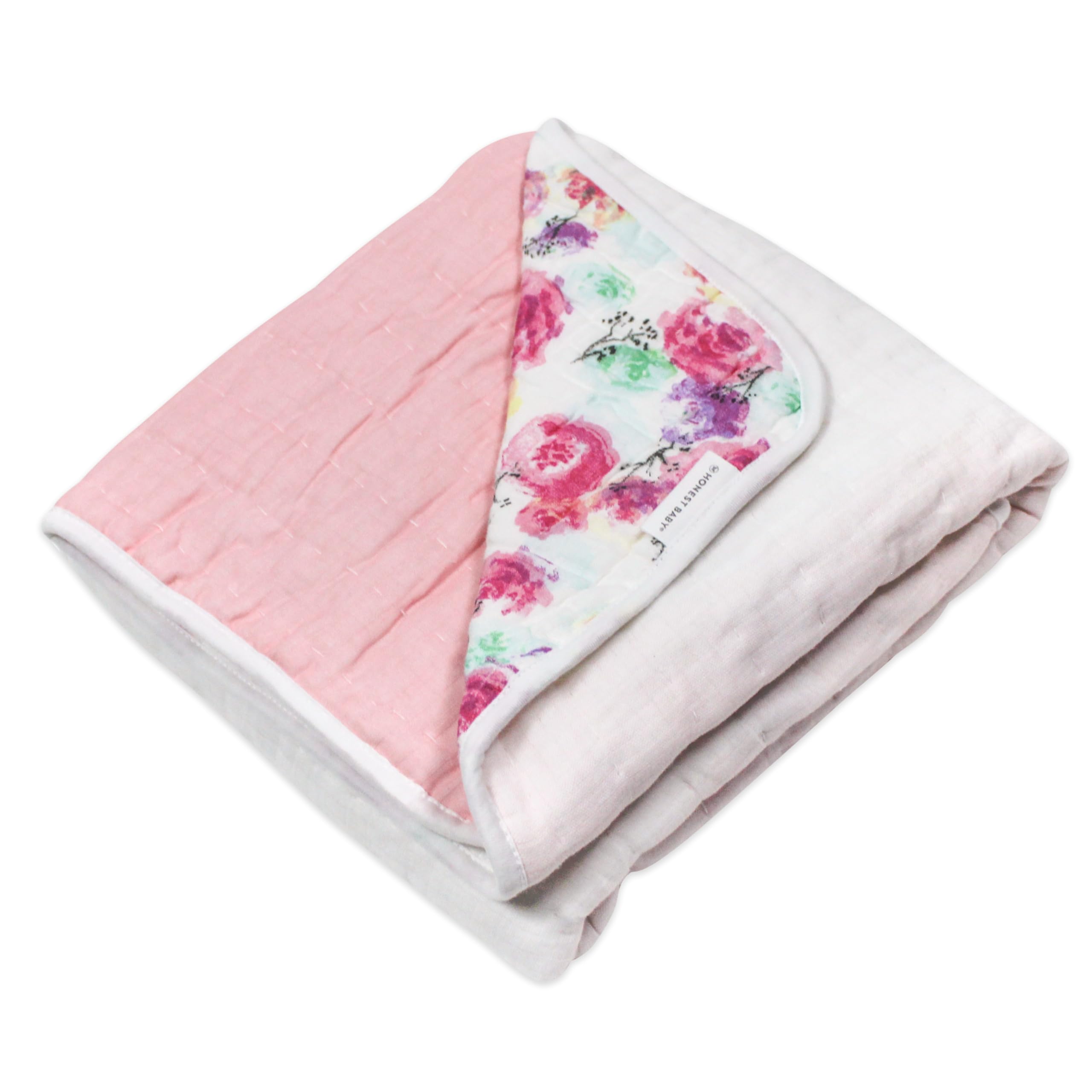 HonestBaby Quilted Baby Blankets - Reversible Organic Cotton Blanket for Infant Boys & Girls, Unisex, Rose Blossom Pink - Soft & Breathable Nursery Blanket for Swaddling, Stroller, Crib & Playtime