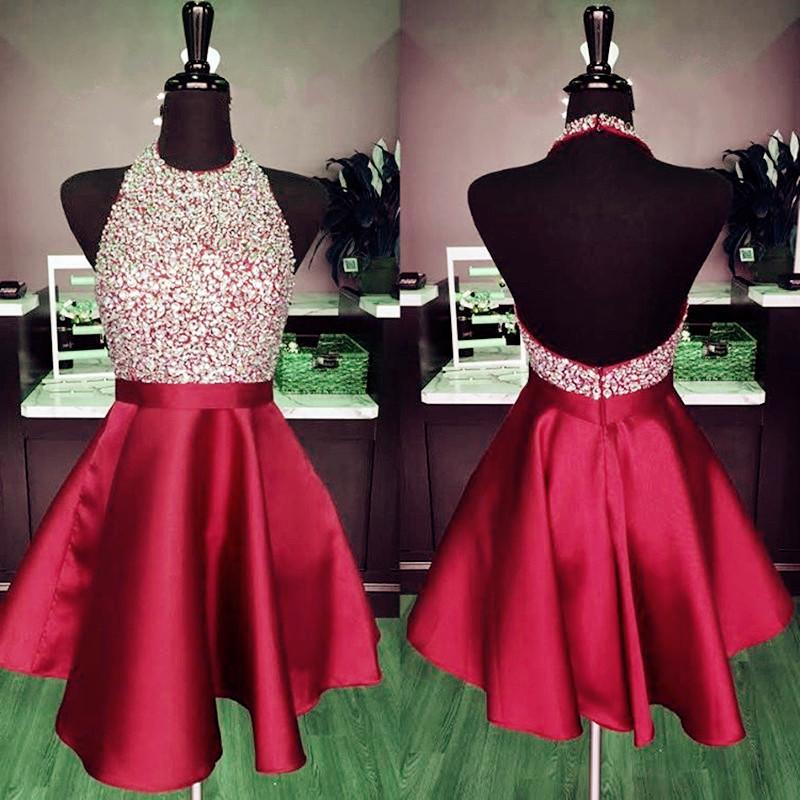 Elegant A-Line Beaded Halter Satin Prom Dress with Open Back - Short Homecoming Party Gown for Teens & Women - Perfect for Prom Night, Homecoming Dance, Formal Events & Special Occasions
