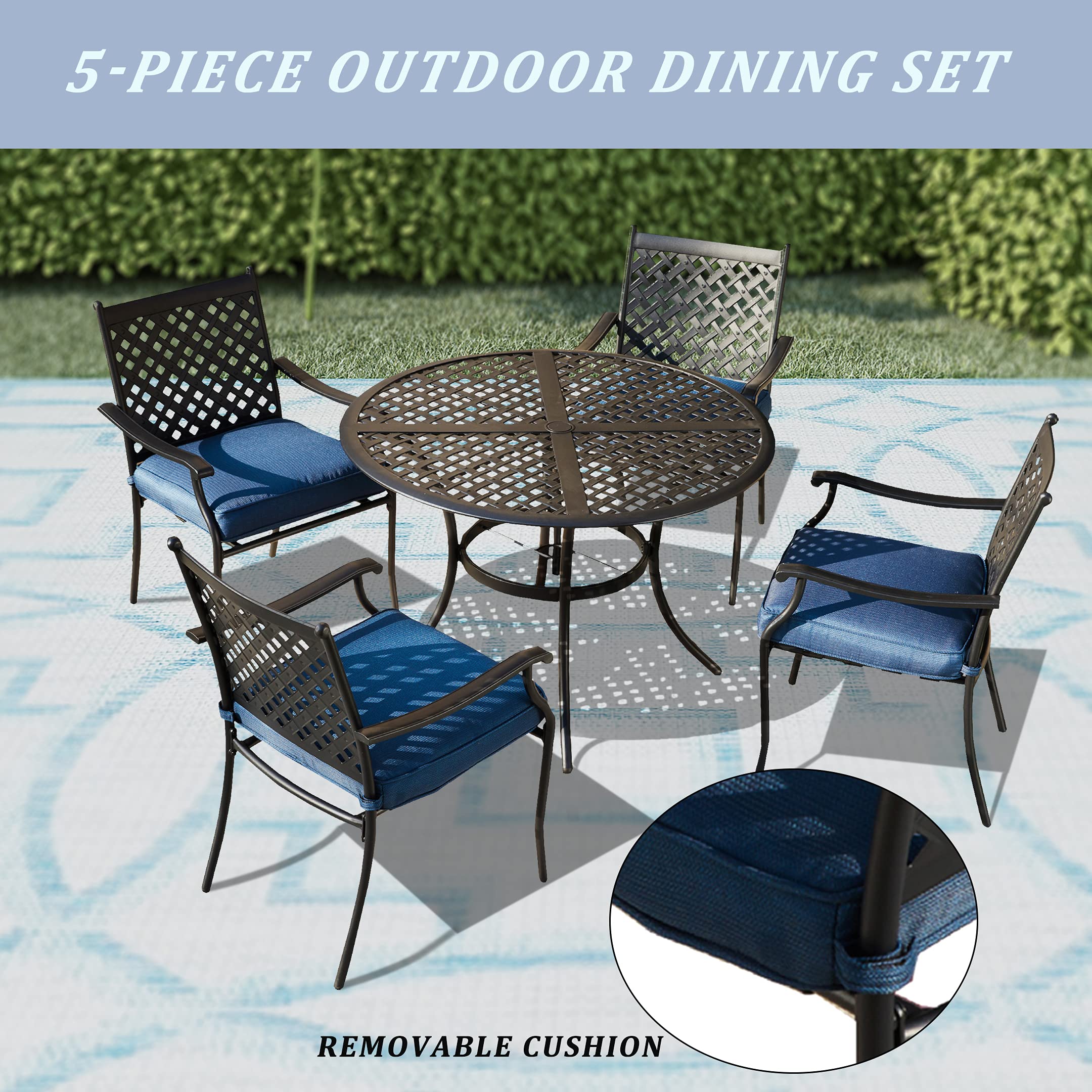 LOKATSE HOME 5-Piece Outdoor Dining Set - Metal Patio Furniture with Round Table & 4 Chairs, Umbrella Hole - Weather-Resistant Blue Deck Furniture for Backyard, Garden, Poolside & Outdoor Entertaining