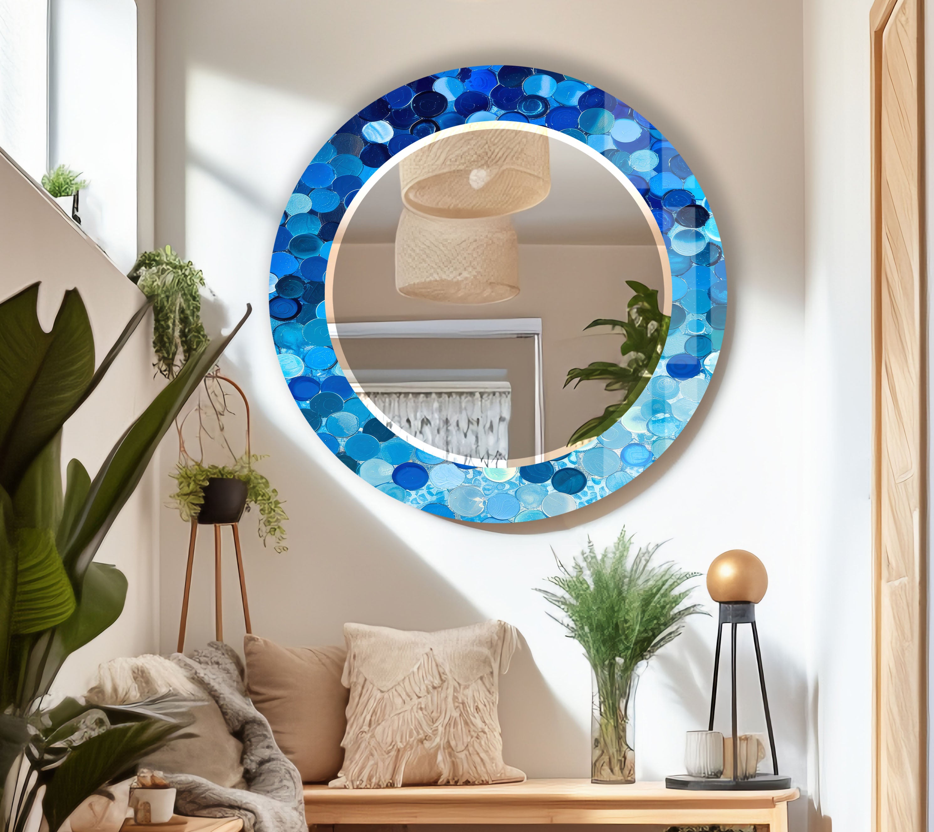 Blue Bubble Mosaic Round Wall Mirror - Coastal Style Accent Mirror for Modern Home Decor, Perfect for Bathroom, Bedroom, Living Room, and Entryway