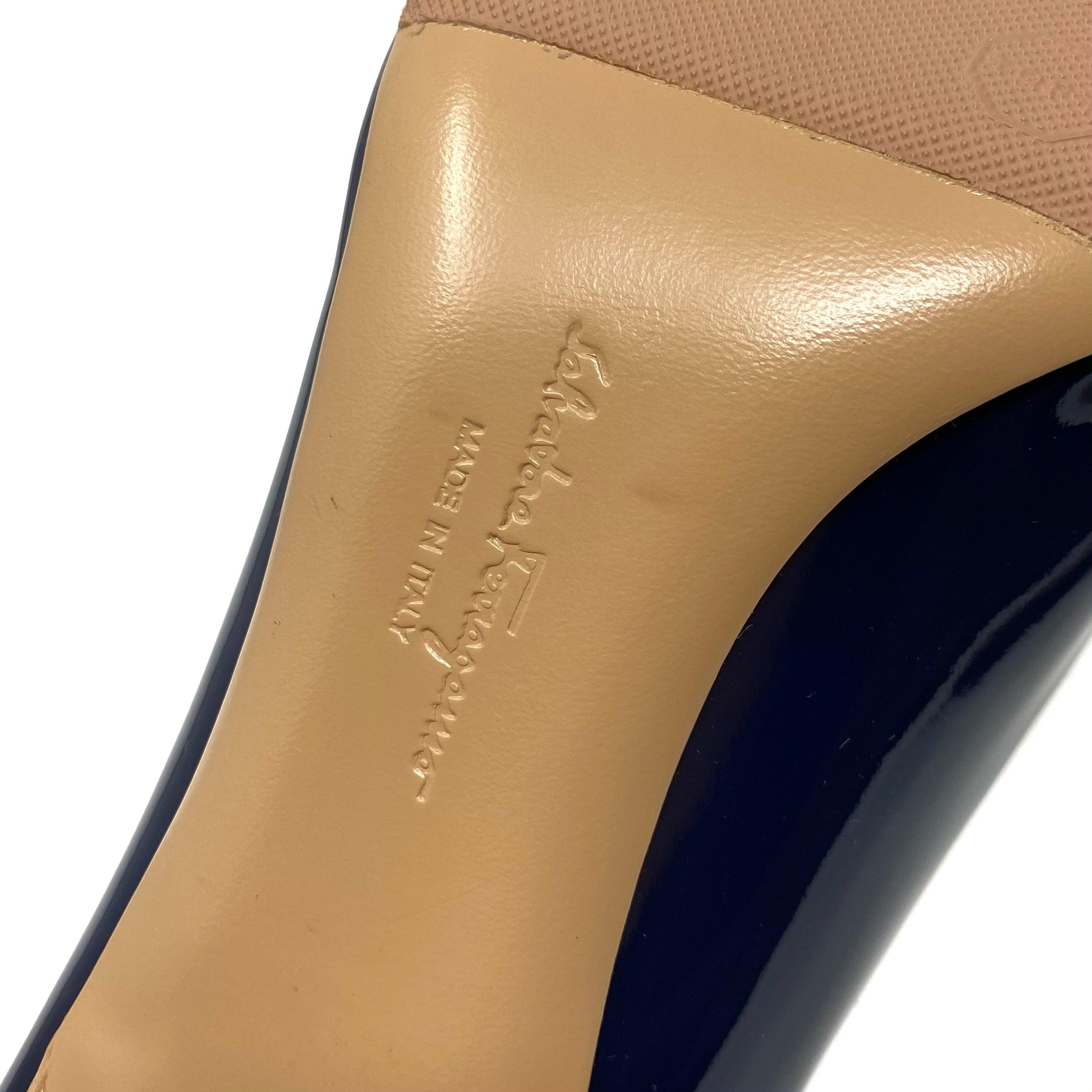 Ferragamo Blue Carla Pumps Women's Heels Size 7C - Elegant Pointed Toe Dress Shoes for Office, Party & Wedding Occasions