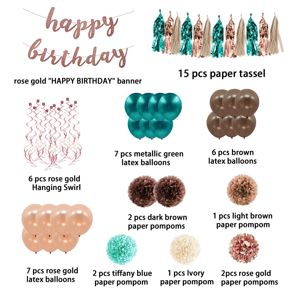Elegant Green & Pink Birthday Party Decorations Set - Happy Birthday Banner, Paper Pompoms, Balloons, Hanging Swirls & Tassels for Women's 13th 16th 18th 20th 30th 40th 50th Birthday - Perfect for Indoor/Outdoor Celebrations & Photo Backdrops