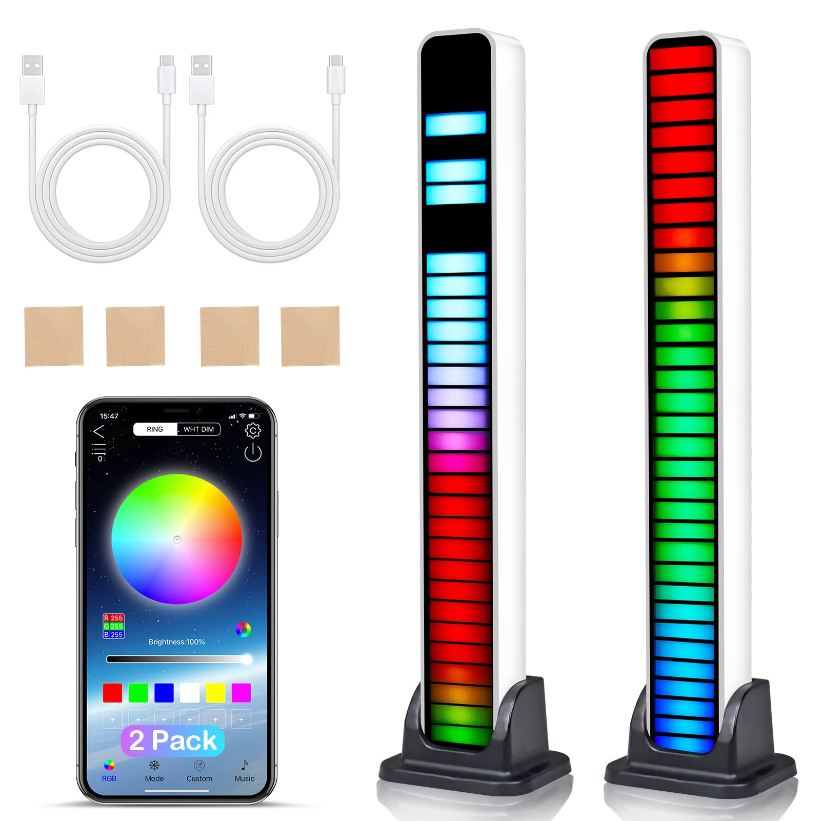 2 Pack RGB LED Music Sync Lights - Bluetooth Smart App Sound Control, Color Changing Rhythm Light Bar for TikTok Gaming, Bedroom, TV & Desk - USB Powered Ambient Lighting for Parties & Home Decor
