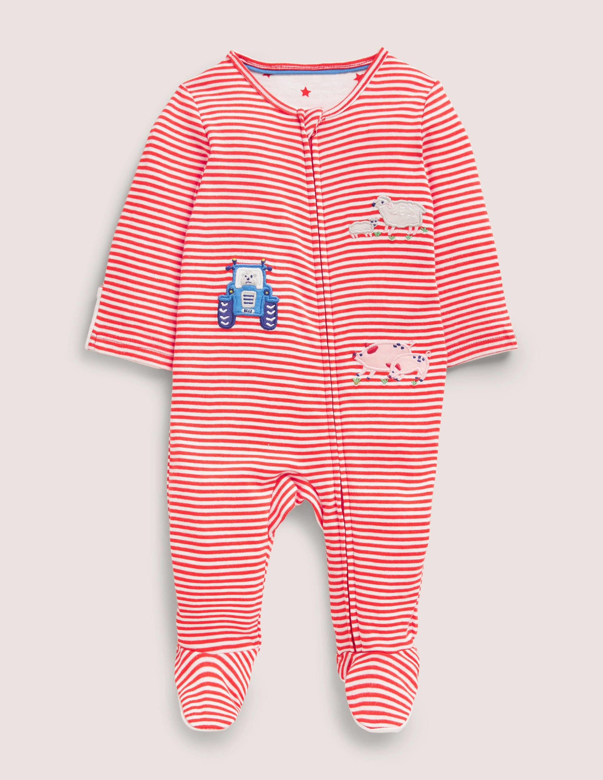 Farm Animal Appliqué Zip-Up Sleepsuit for Babies - Ivory & Jam Color - Perfect for Nursery, Playtime & Bedtime
