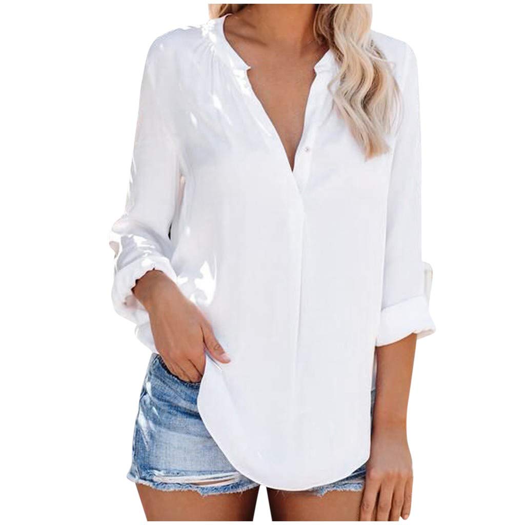 Women's White Long Sleeve V-Neck T-Shirt - Casual Blouse Top for Everyday Wear | Perfect for Work, Outings & Layering