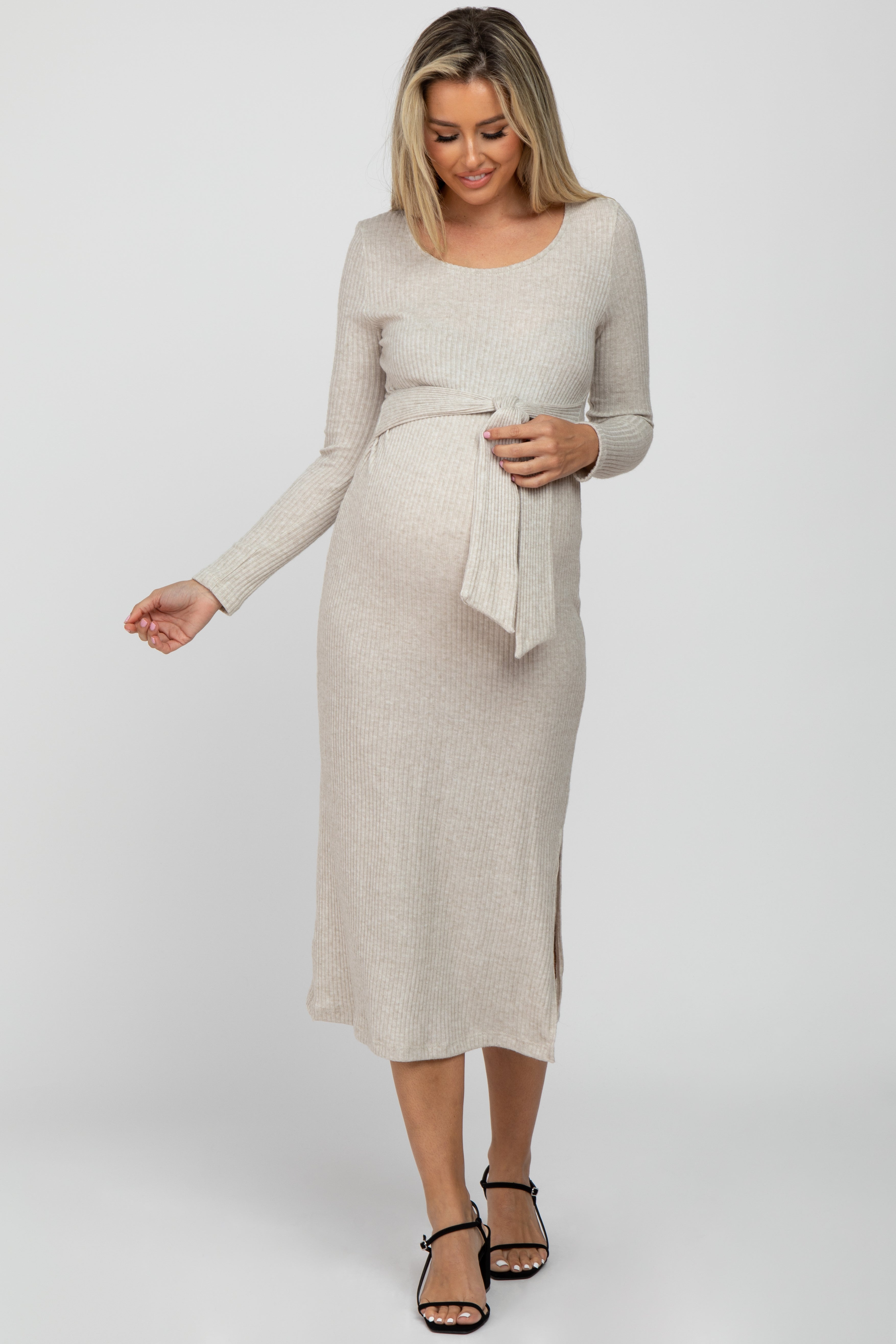 Beige Ribbed Knit Tie Front Maternity Dress for Pregnancy - Comfortable Stretchy Mid-Length Dress for Baby Shower, Maternity Photo Shoot & Everyday Wear