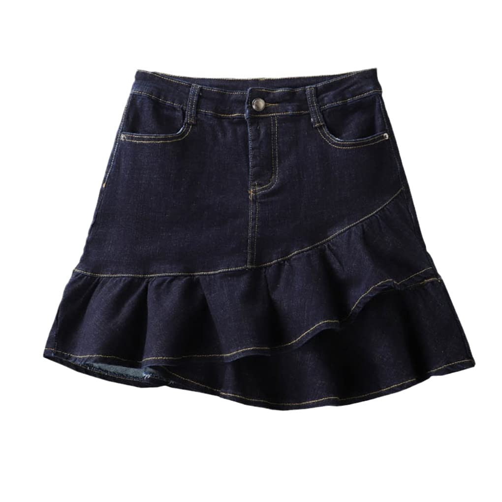 Women's High Waist A-Line Mini Denim Skirt with Ruffles & Lining - Bodycon Stretch Summer Skirt for Casual Outfits, Date Nights & Beach Vacations