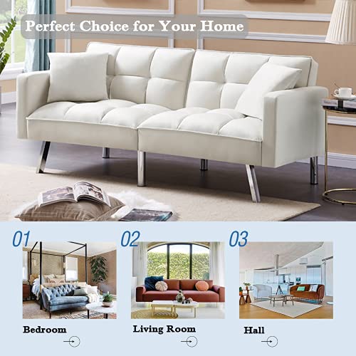 Velvet Convertible Futon Sofa Bed with 2 Pillows - 3-Position Adjustable Backrest, Modern Loveseat with 6 Sturdy Metal Legs for Living Room, Bedroom or Small Space (White) - Perfect for Guest Sleeping, Apartment Lounging & Studio Living